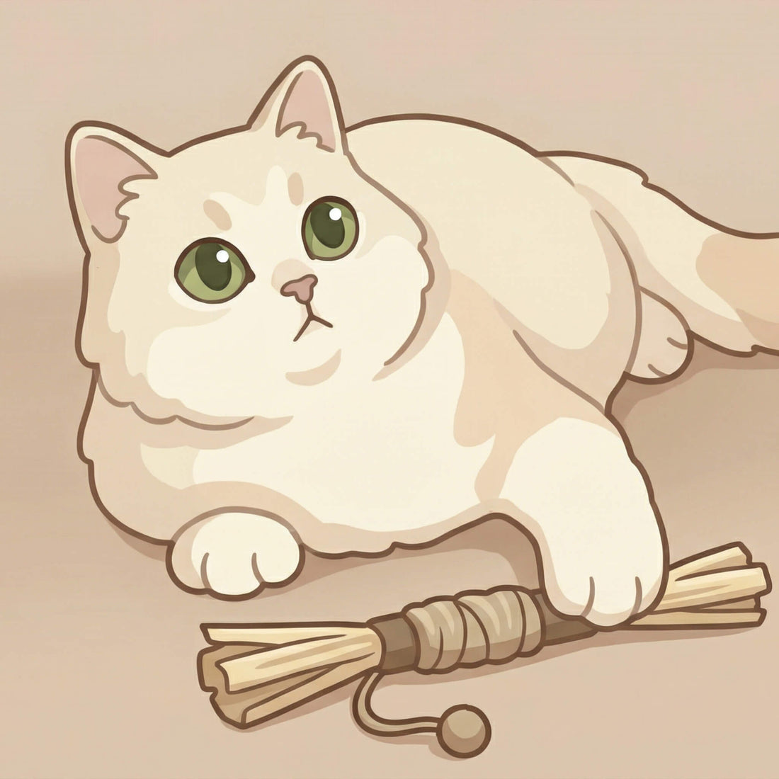 silvervine for cats illustration showing a fluffy white cat with green eyes holding a silvervine stick toy with string ball, soft pastel cartoon style