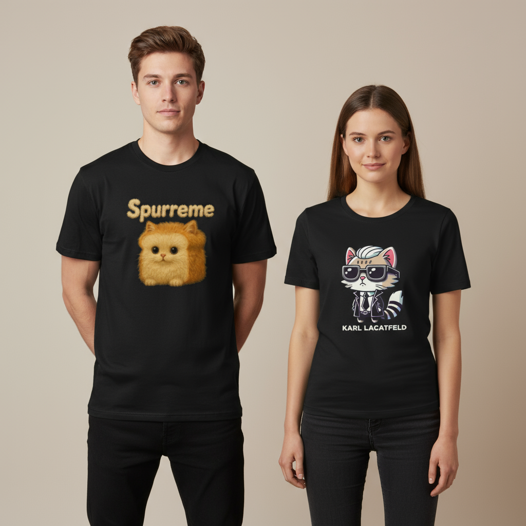 Man and woman wearing black cotton cat themed t shirts, cool fashion gift for cat lovers 