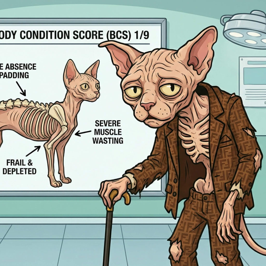 Mad Cat Cartel cartoon illustration of a severely underweight cat next to a veterinary body condition score chart showing severe muscle wasting