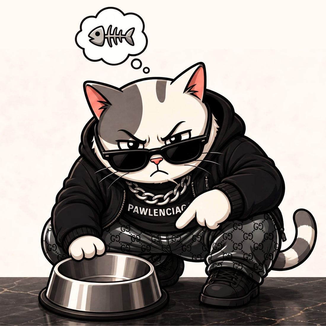 Hungry Mad Cat Cartel character staring at an empty stainless steel cat bowl and thinking about food