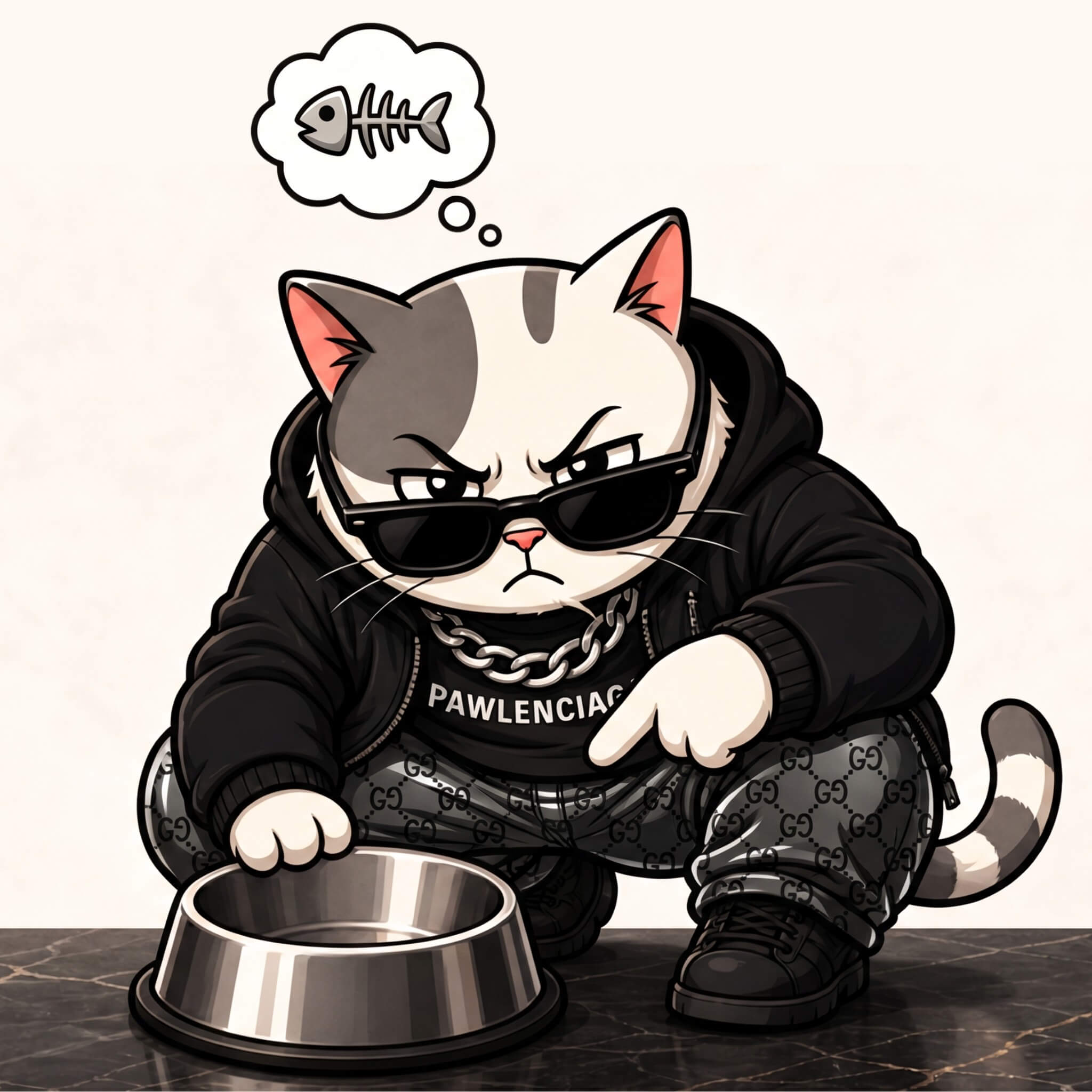 Hungry Mad Cat Cartel character staring at an empty stainless steel cat bowl and thinking about food