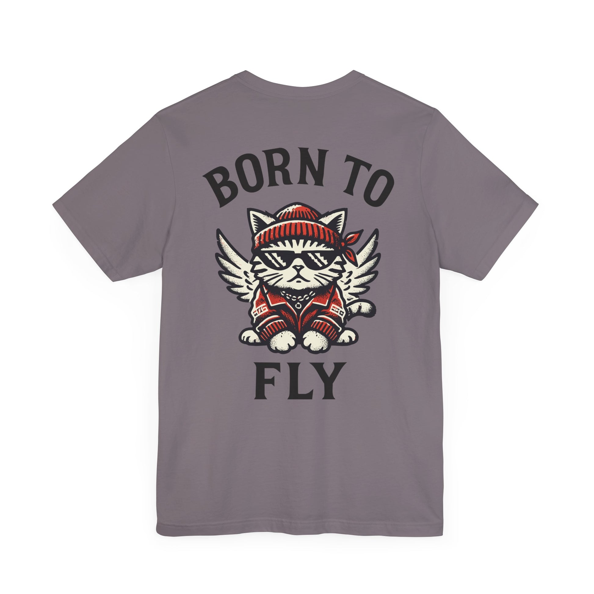 Back view of storm grey Paw Angels Born to Fly street angel cat t-shirt – ladies cat t shirt