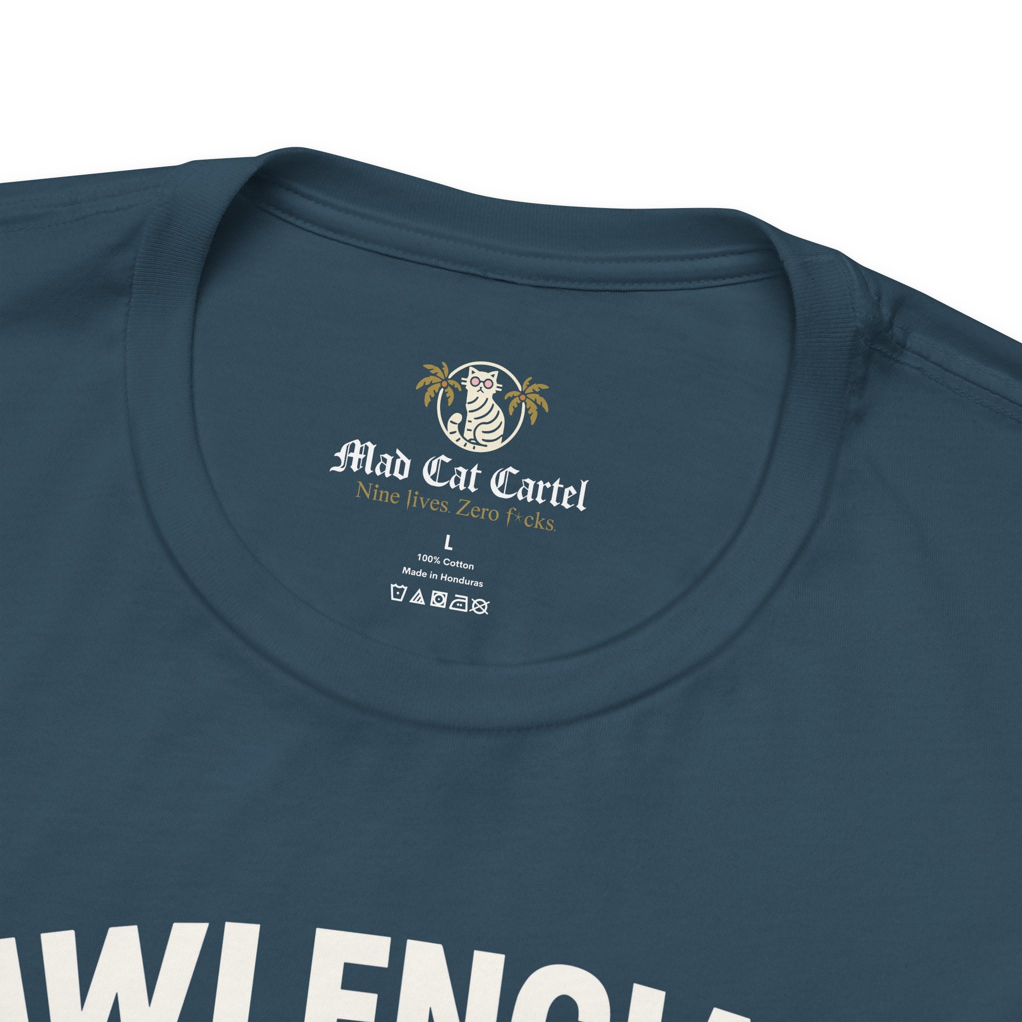 deep teal Pawlenciaga cat tee, Mad CatCartel neck label close up
