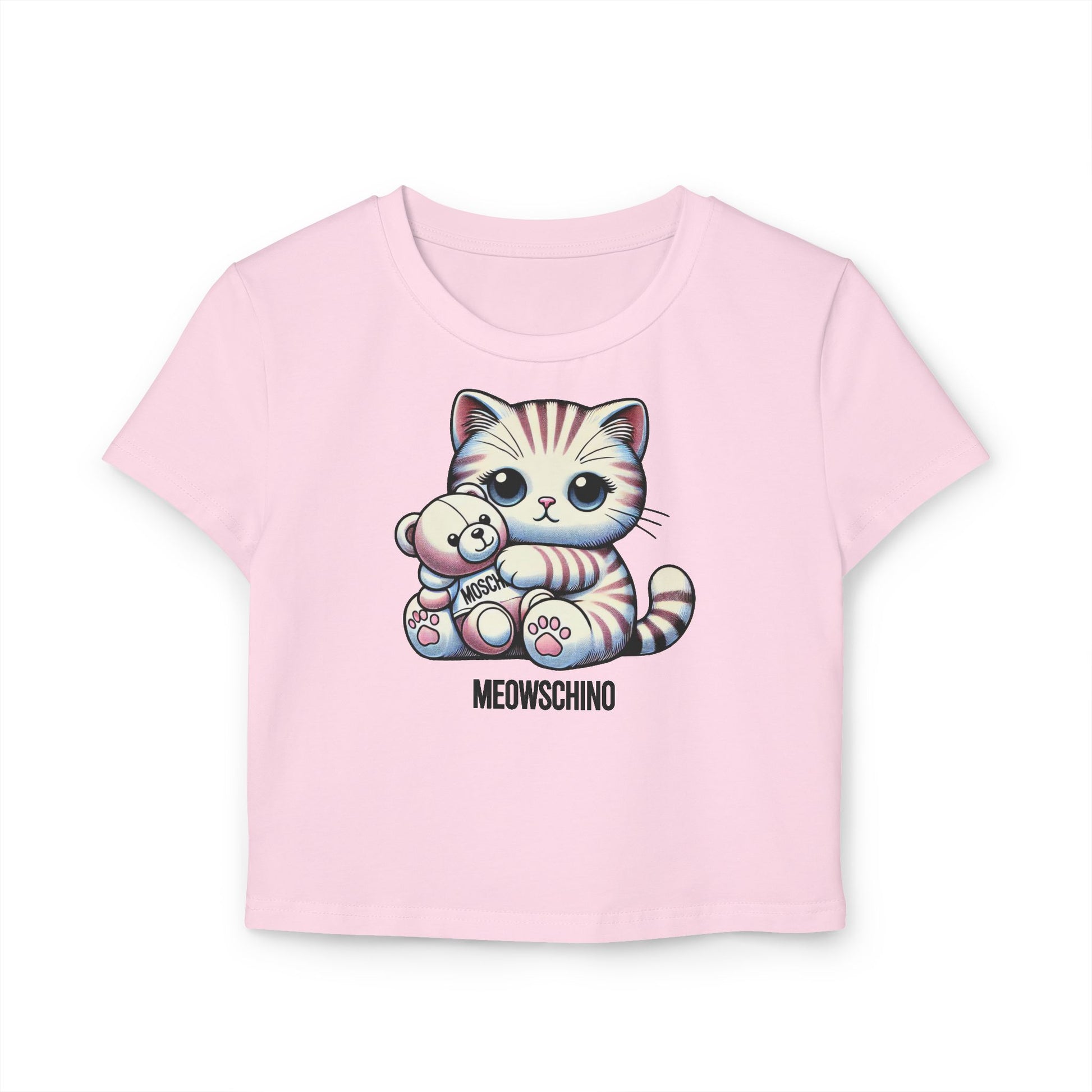 Meowschino Teddy Hug Cat Graphic Womens Baby Tee parody teddy design