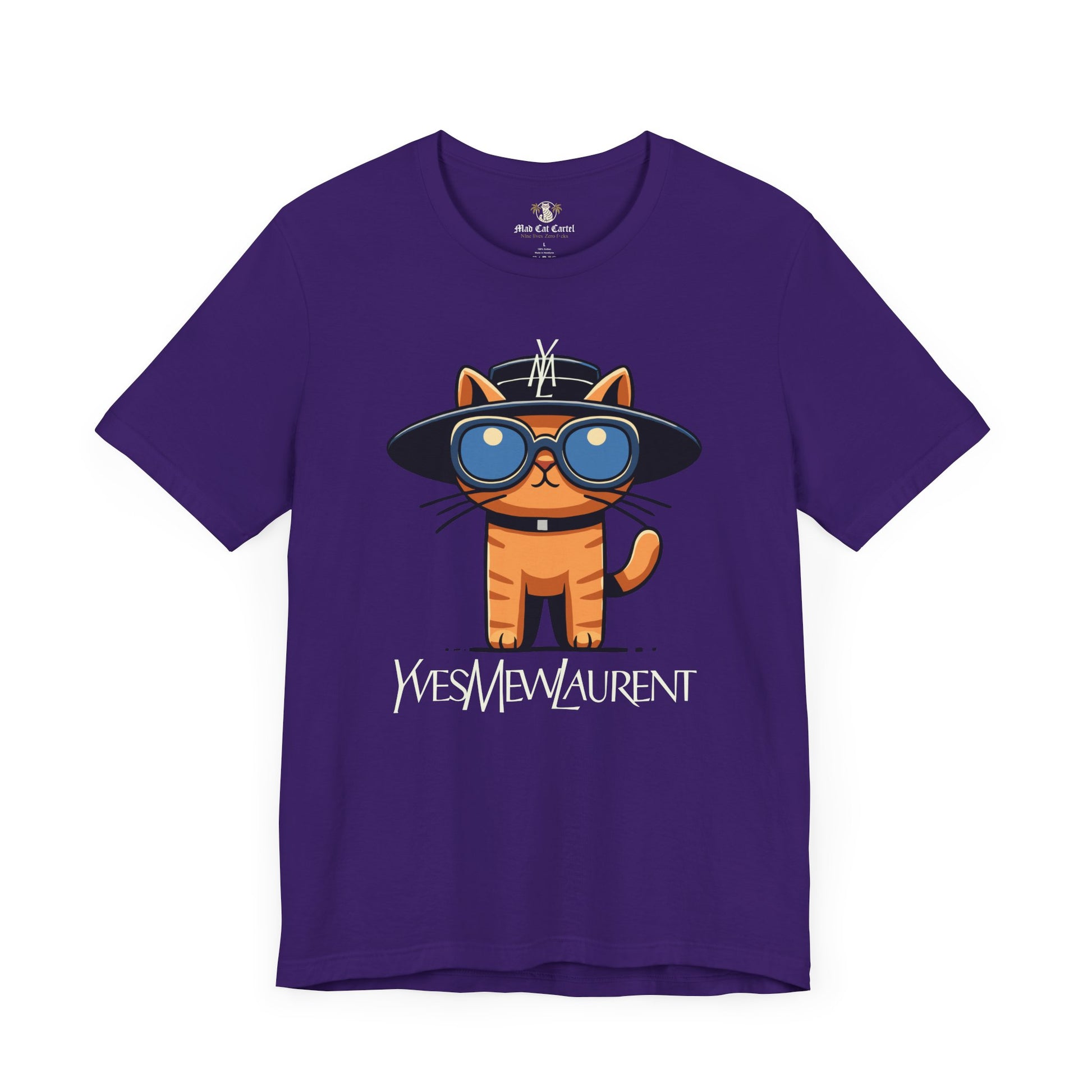 Team Purple Yves Mew Laurent Le Chat Icon Cat Graphic T Shirt flat lay front