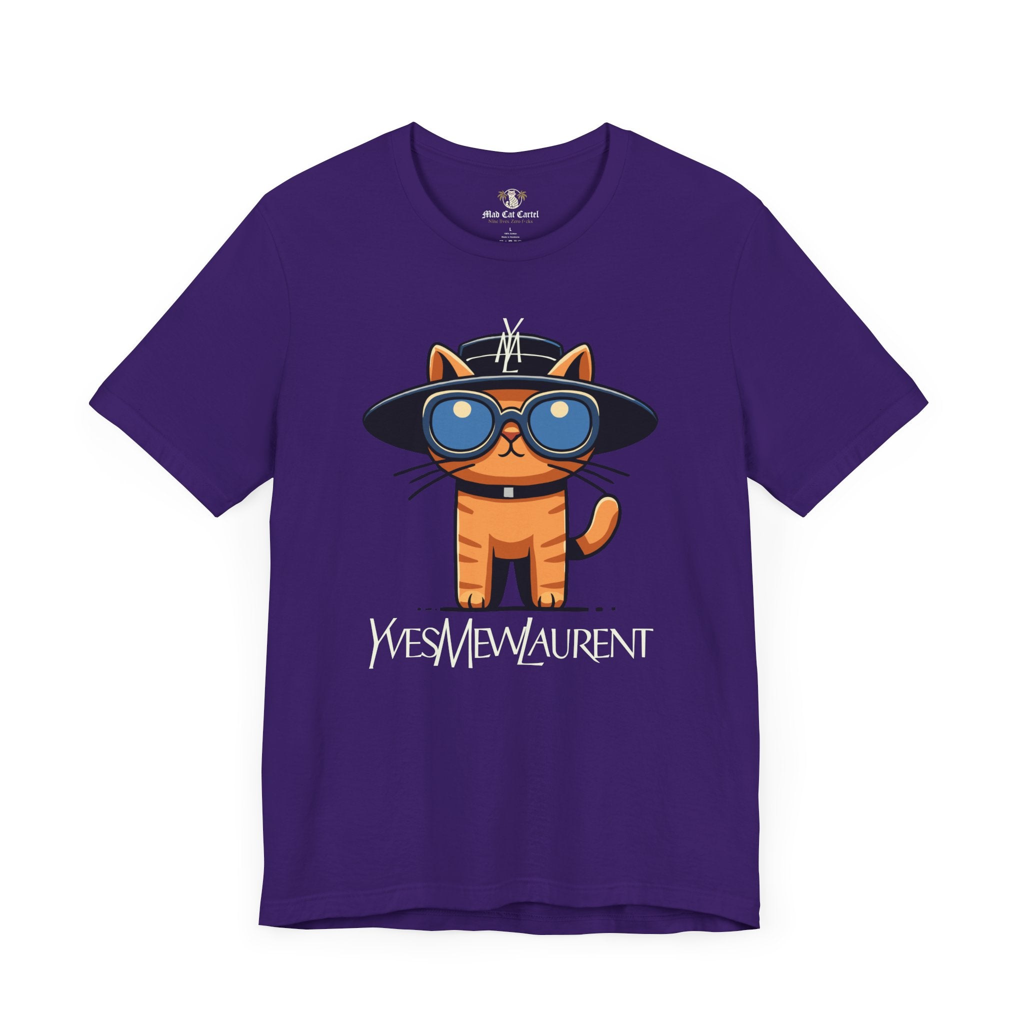 Team Purple Yves Mew Laurent Le Chat Icon Cat Graphic T Shirt flat lay front