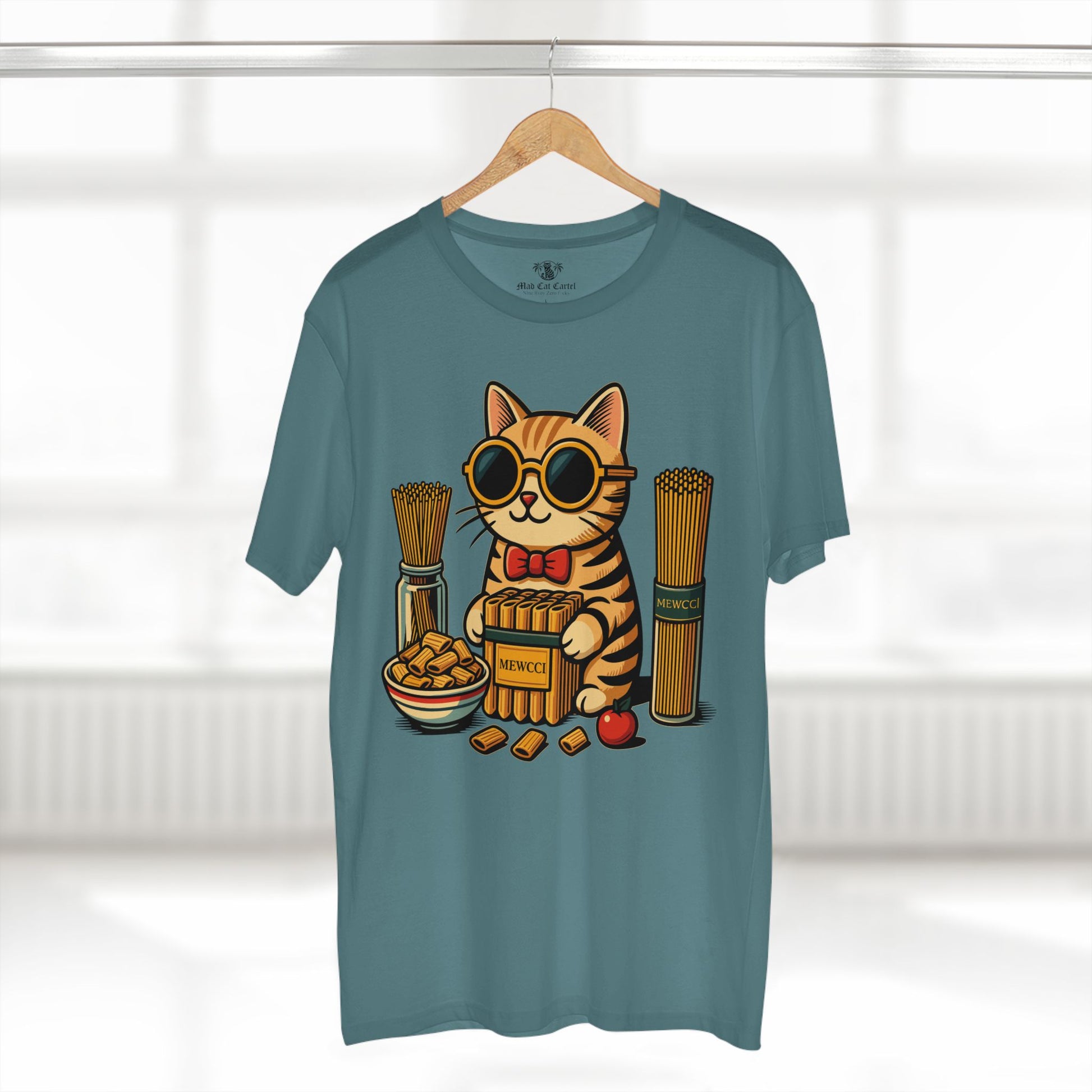 Mewcci Pasta Chef Cat Graphic T Shirt in Slate Blue on hanger – funny foodie cat tee
