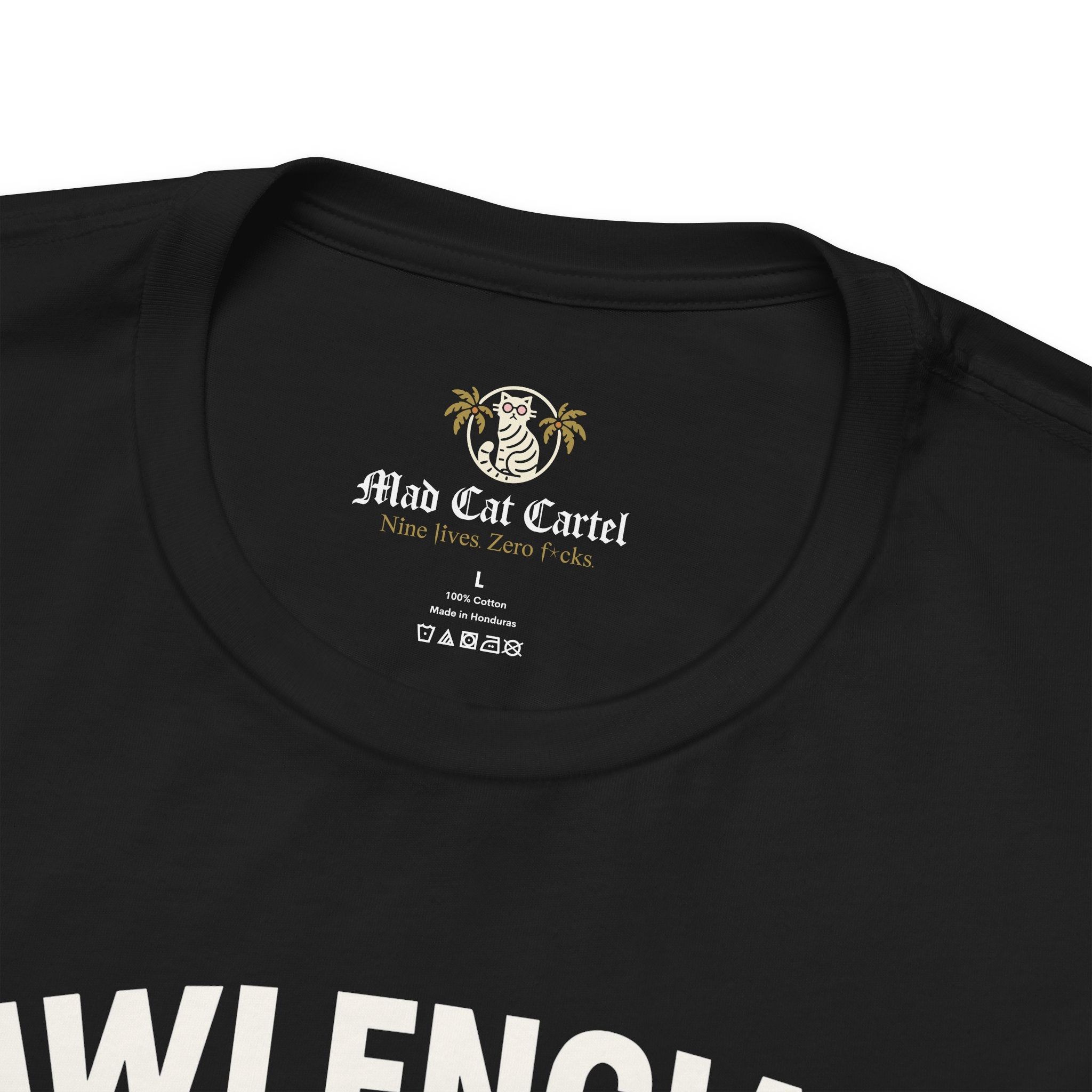 black Pawlenciaga cat tee, neck label close up, shirts with cats on them, fabric detail