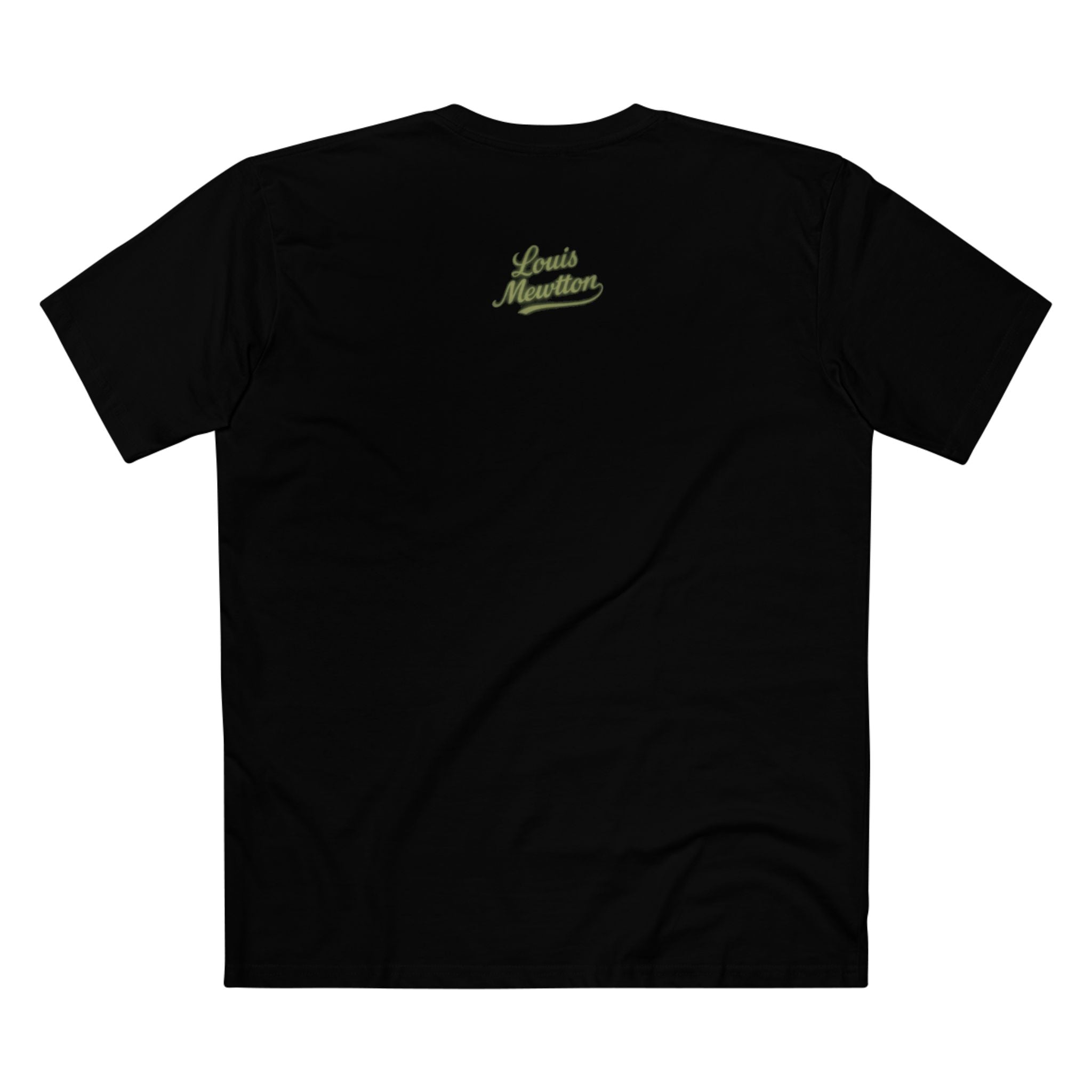 Black tee back view with Louis Mewtton text logo