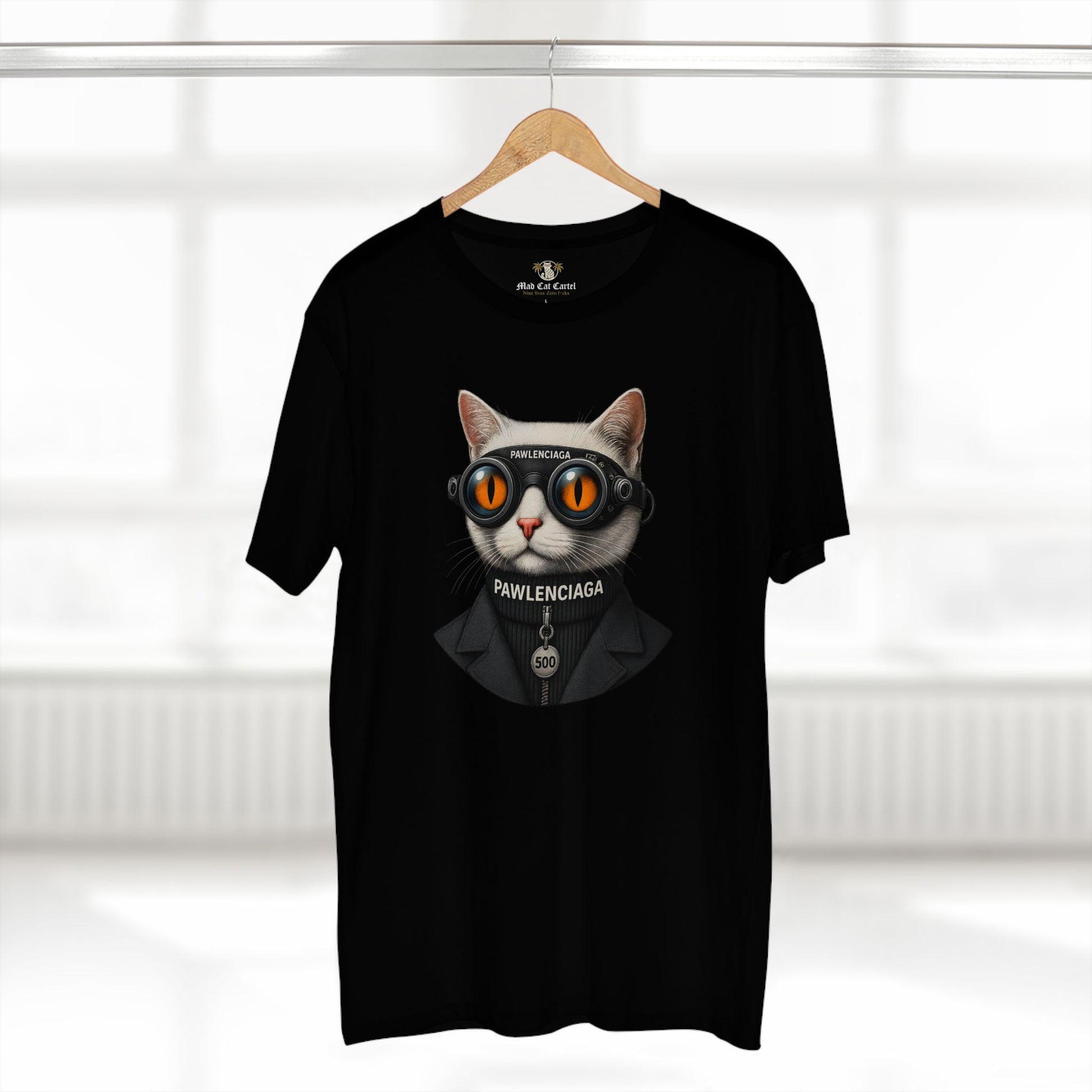 black Pawlenciaga cat tee, hanger display, cat themed shirt, studio background
