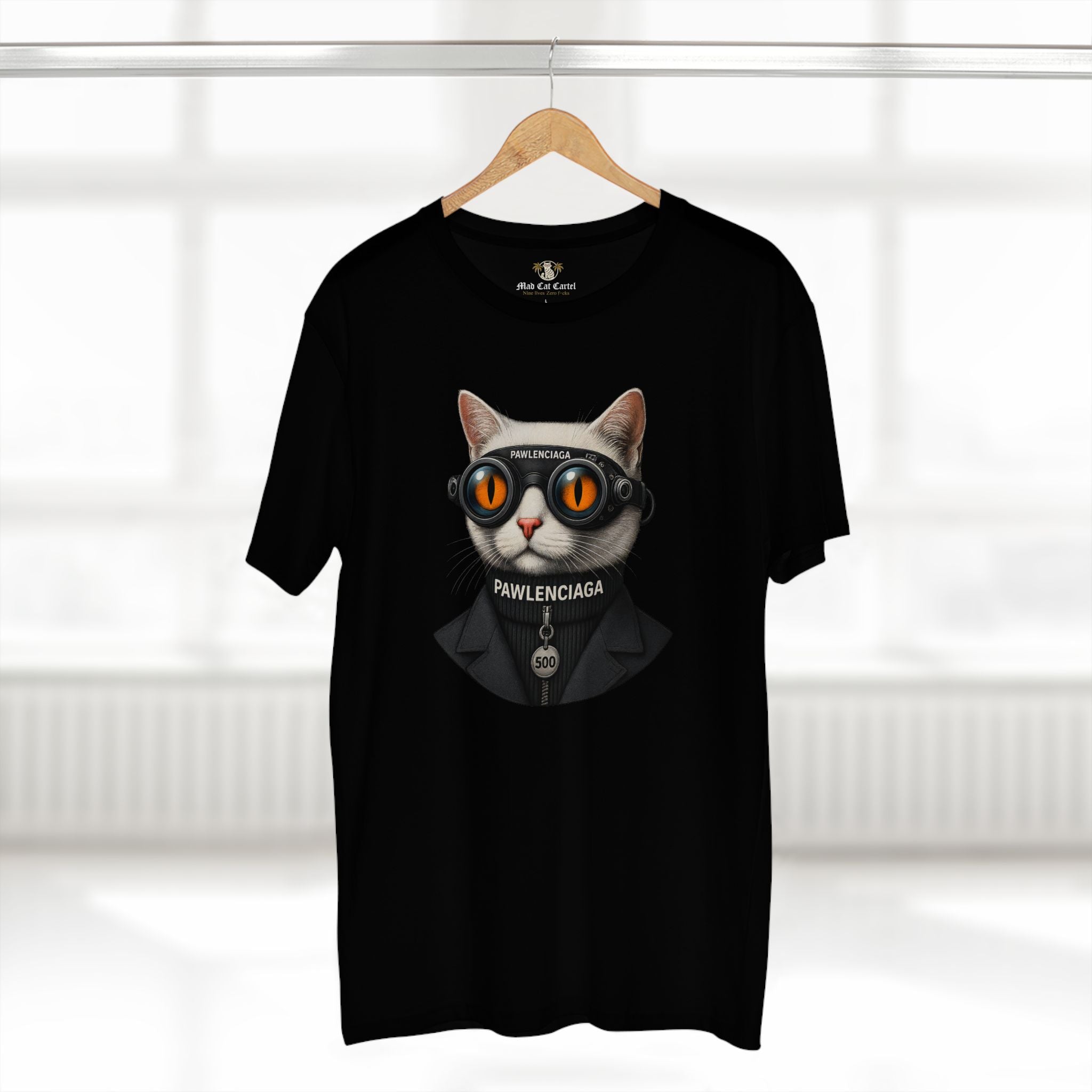 black Pawlenciaga cat tee, hanger display, cat themed shirt, studio background