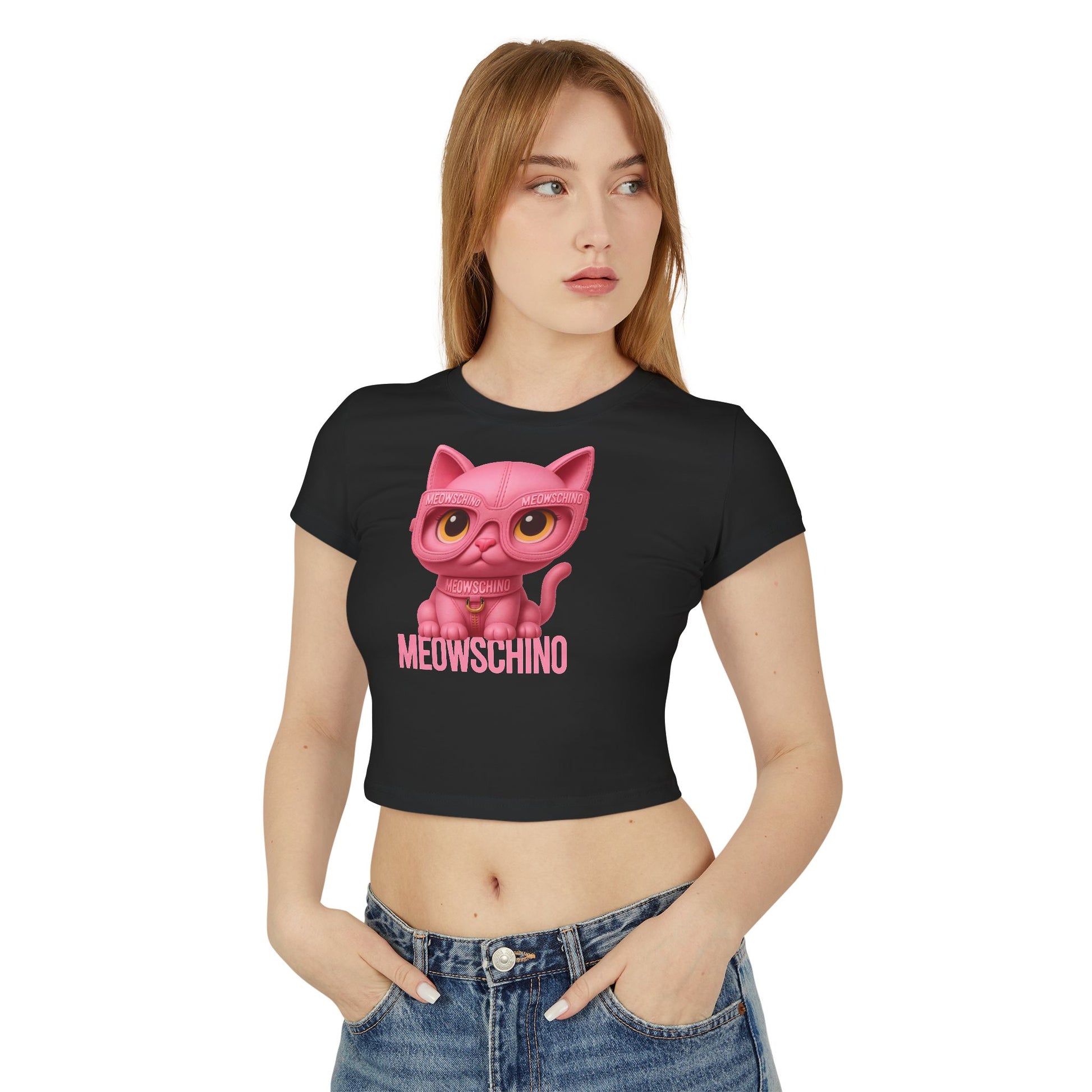 Black baby tee modeled front view graphic cat themed clothes