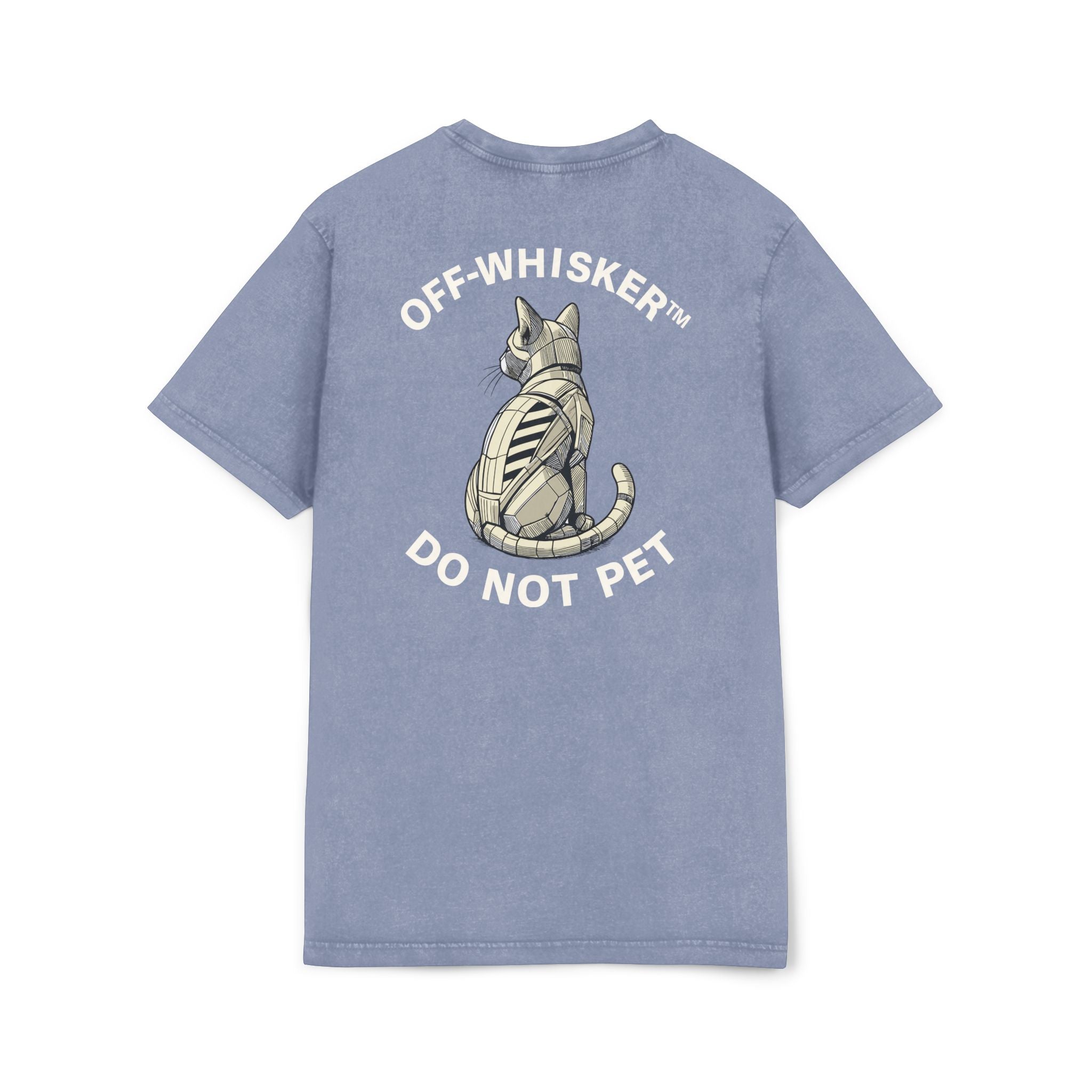 Off-Whisker Mechanical Feline Unit Cat Graphic Acid Washed T-Shirt, vintage blue unisex back view with do not pet design, unique gifts for cat lovers