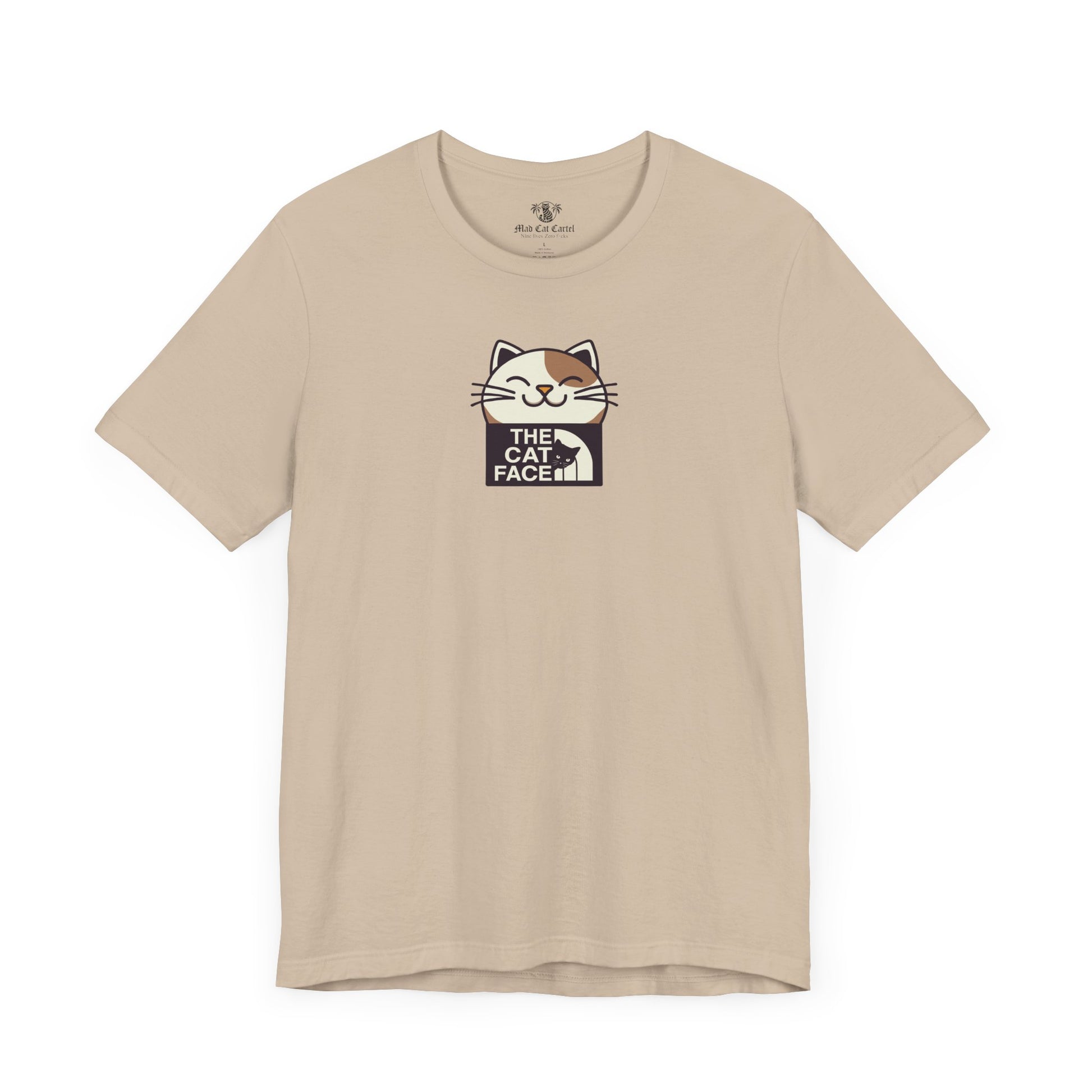 Cat print tee shirts tan flat lay product photo