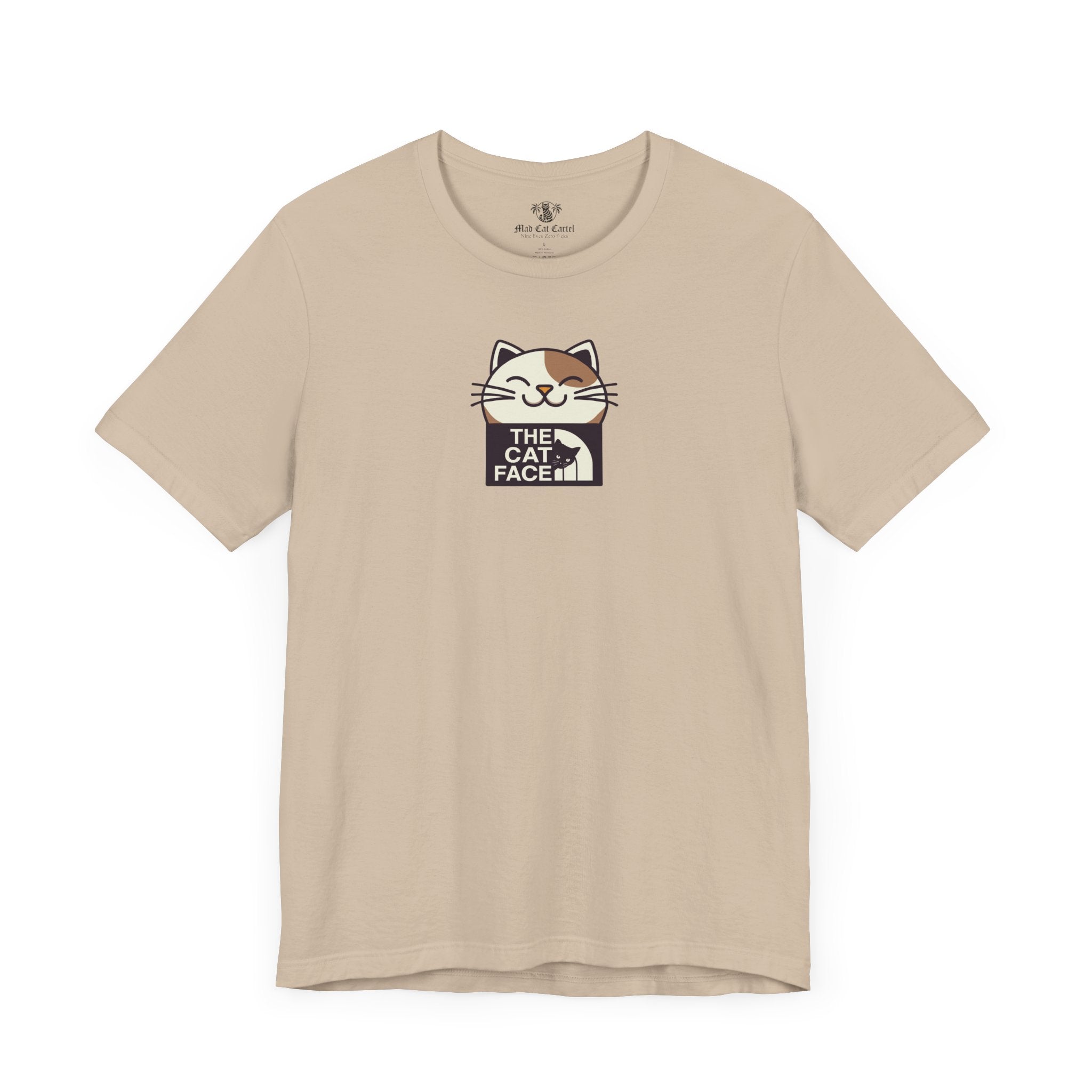 Cat print tee shirts tan flat lay product photo