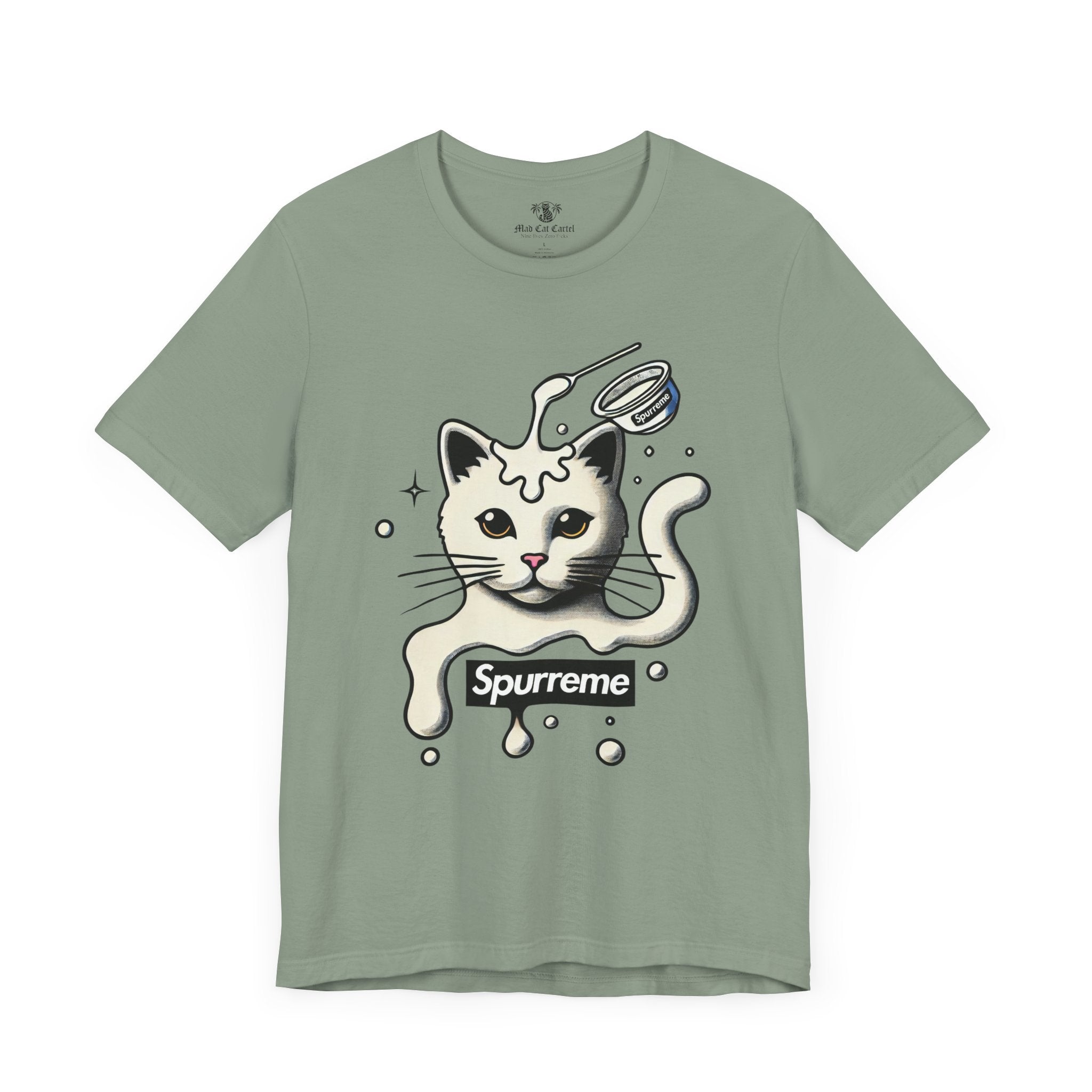 Sage Spurreme Milky Mischief Cat Graphic t shirt front view – cat print tee shirts