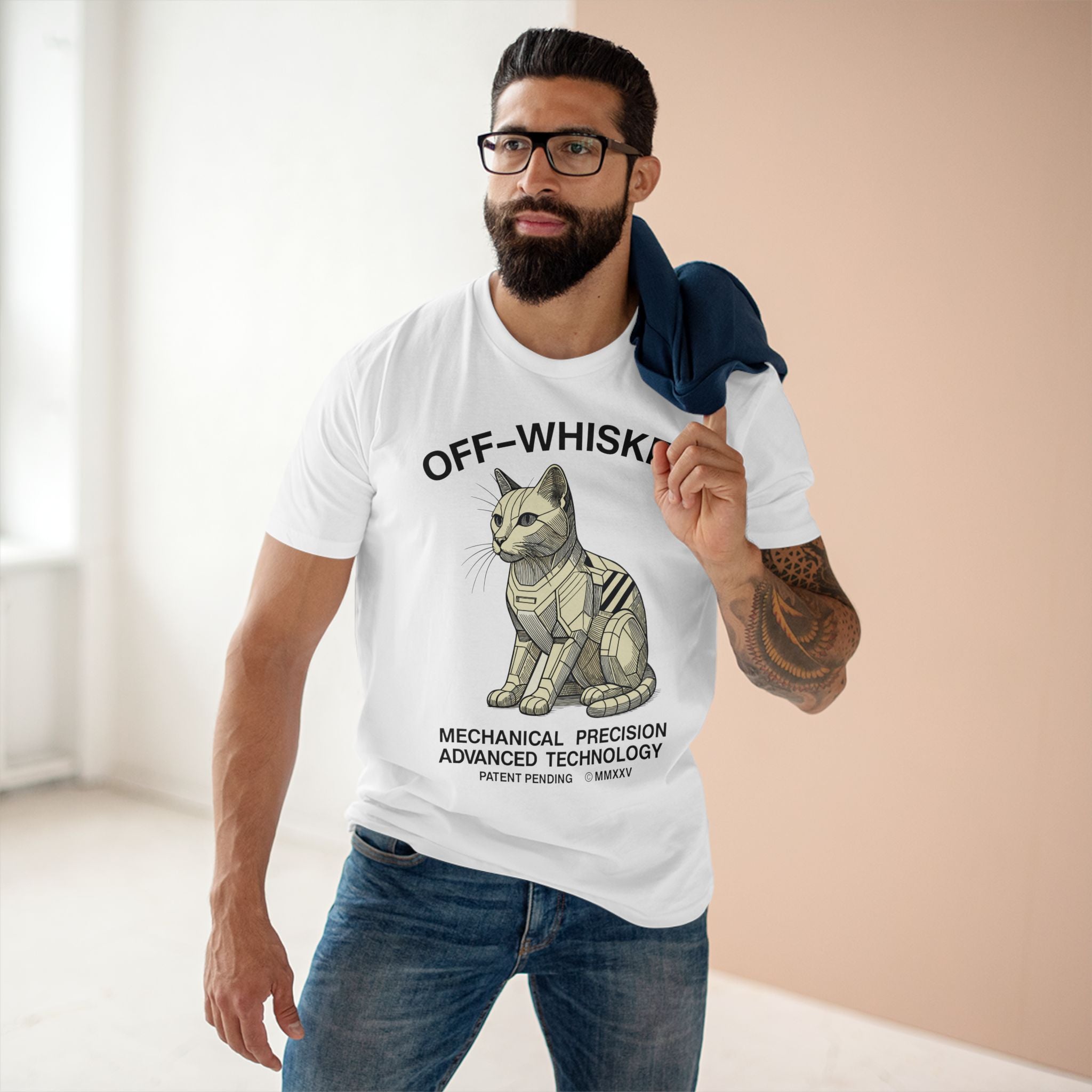 Man wearing white Off-Whisker Gen-01 Mech Cat t-shirt – cat t shirts for men, casual streetwear
