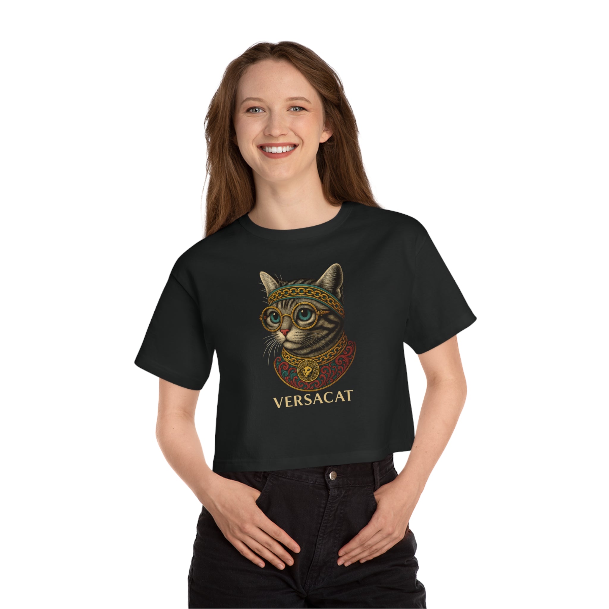 smiling model wearing Versacat black graphic crop top, casual clothes with cats on them, stylish outfit for cat lovers