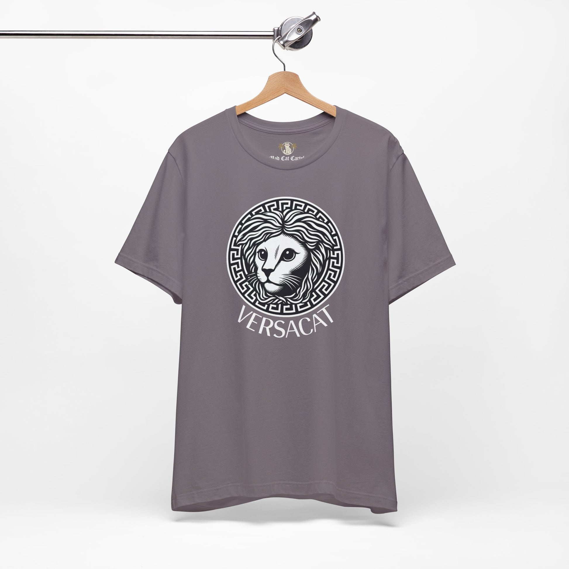 Storm grey Versacat Medusa cat emblem graphic t-shirt on hanger – unisex