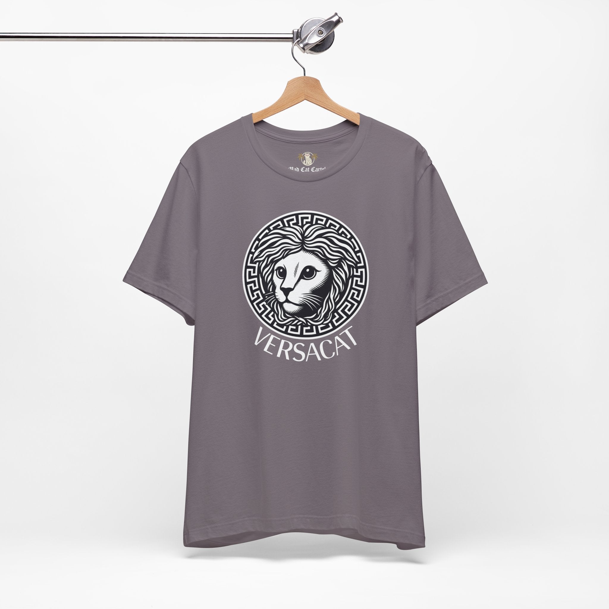 Storm grey Versacat Medusa cat emblem graphic t-shirt on hanger – unisex