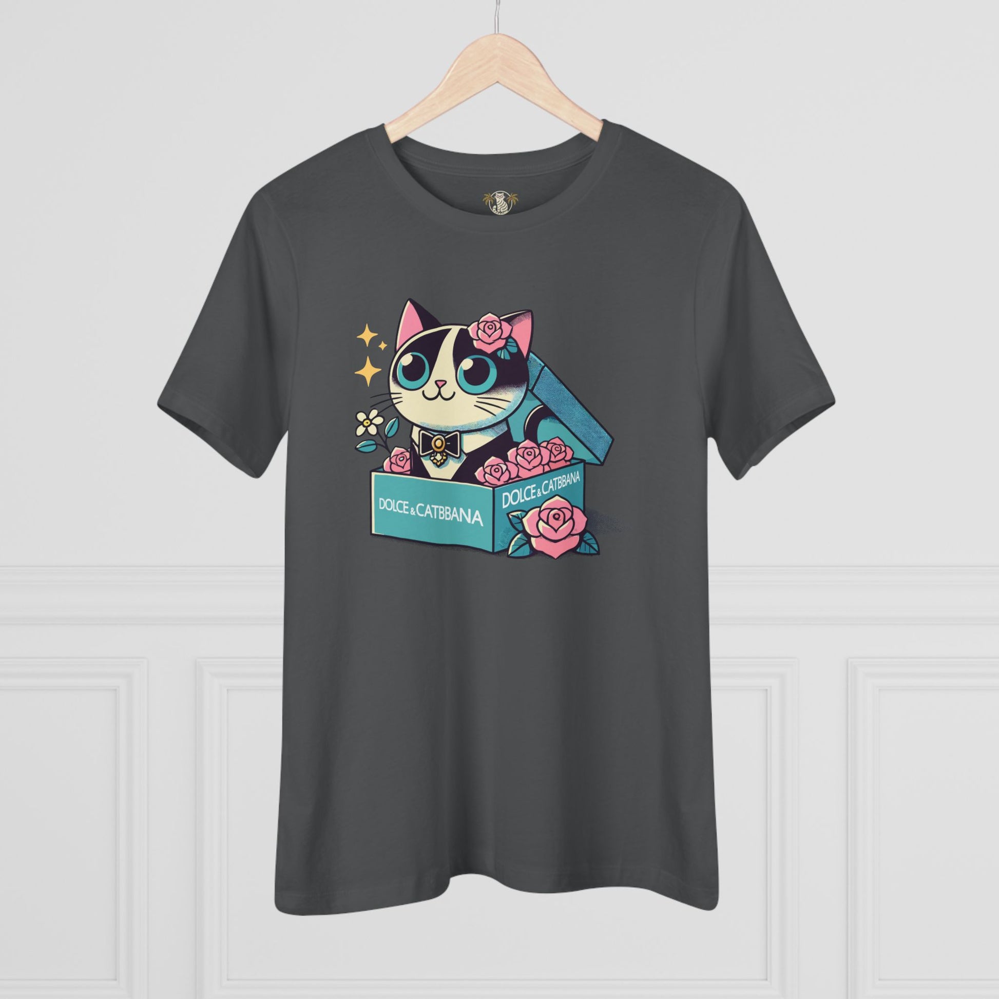 Asphalt gray Dolce & Catbana Rose Box cat themed apparel hanging front view with neckline close up