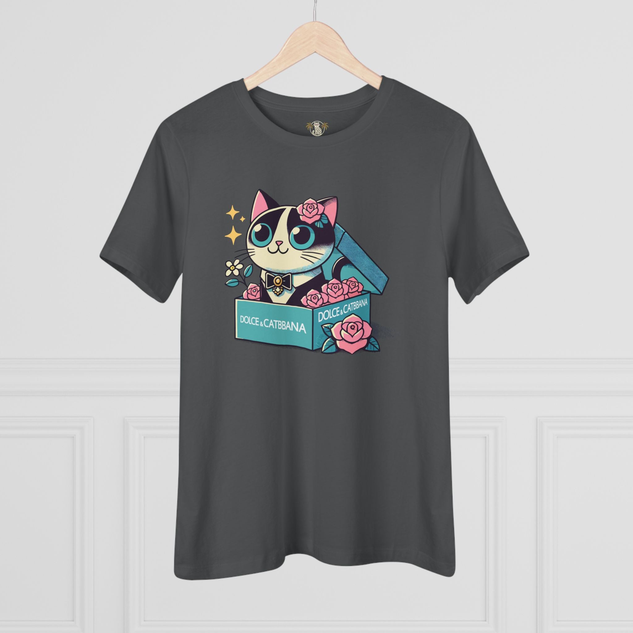 Asphalt gray Dolce & Catbana Rose Box cat themed apparel hanging front view with neckline close up