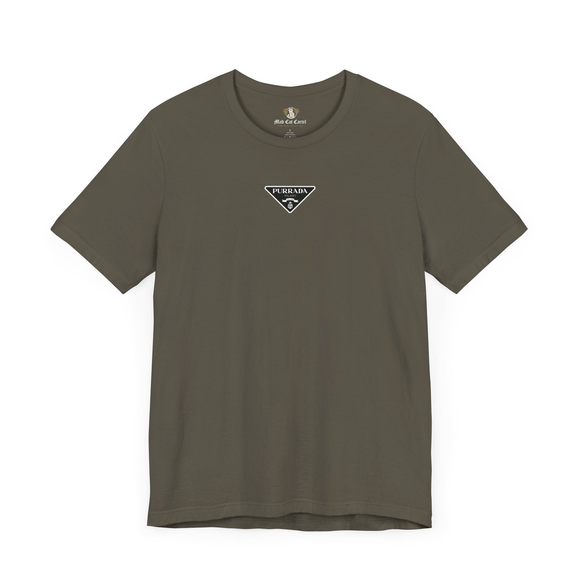 Purrada Chest Logo Army Green T Shirt, parody shirts for cat lovers