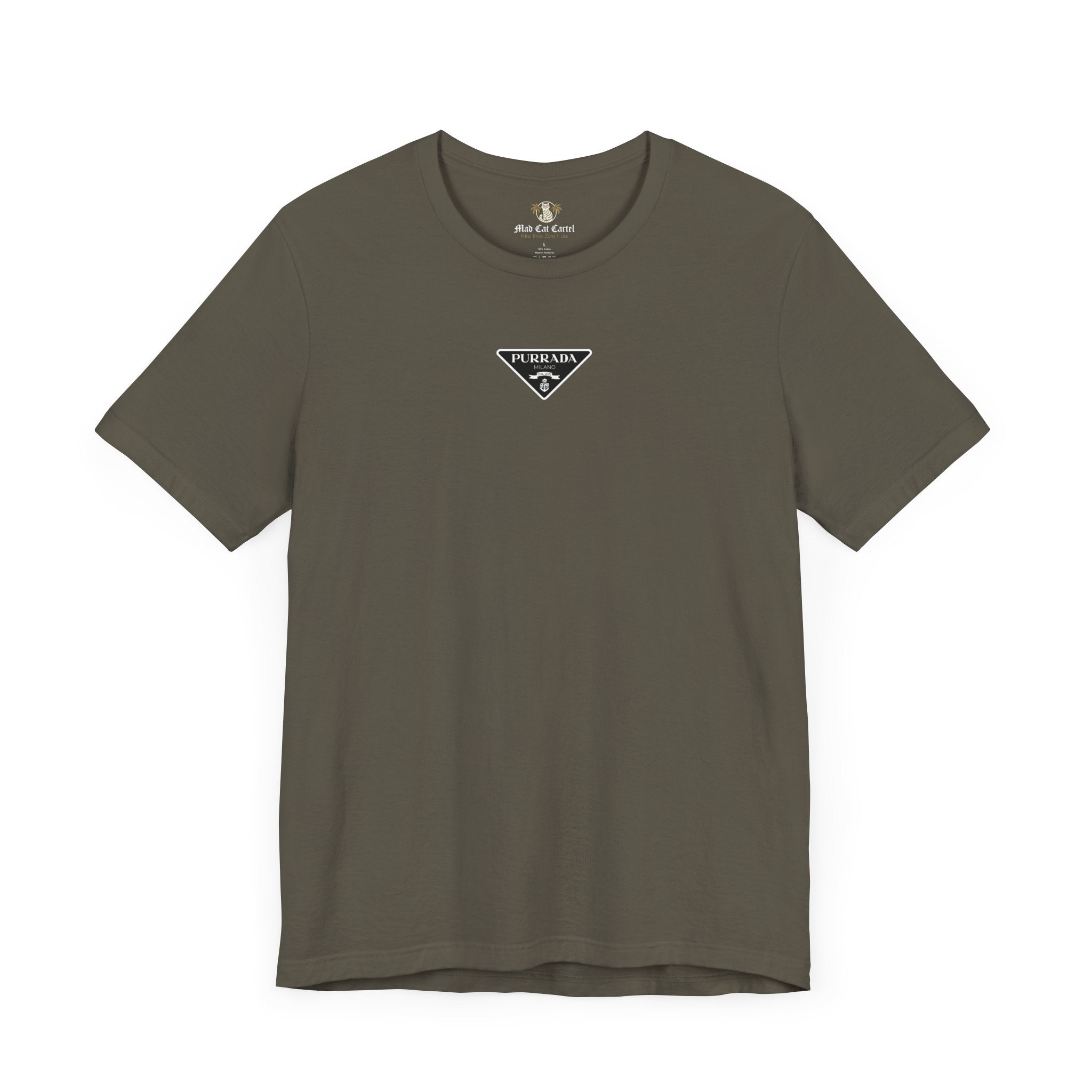 Purrada Chest Logo Army Green T Shirt, parody shirts for cat lovers