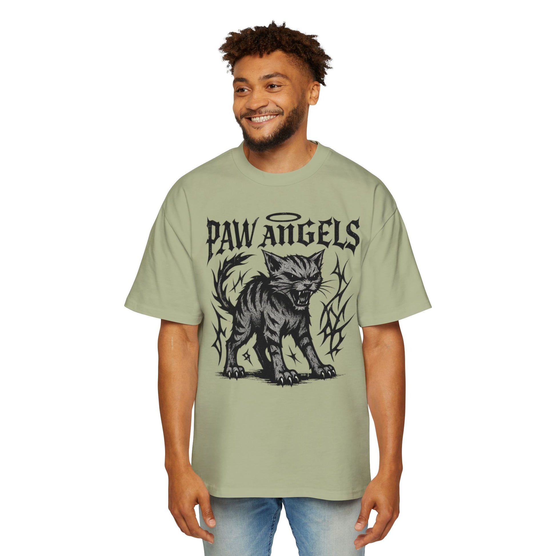 Male model wearing Paw Angels Hellcat pistachio green men's oversized cat t-shirt – gift ideas for cat owners