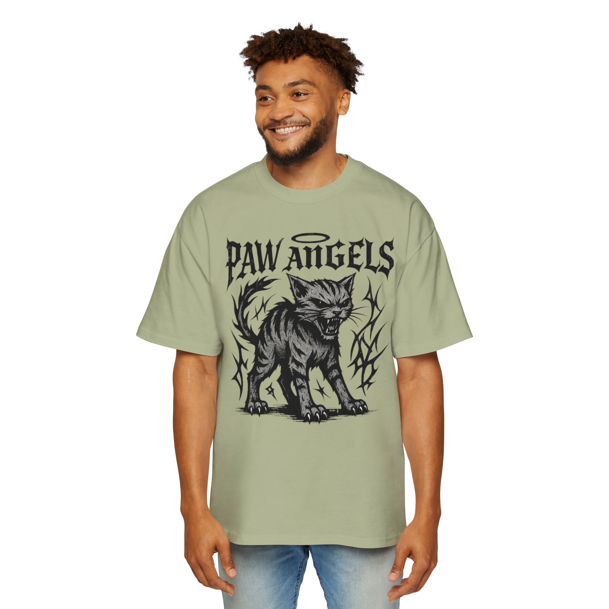 Male model wearing Paw Angels Hellcat pistachio green men's oversized cat t-shirt – gift ideas for cat owners