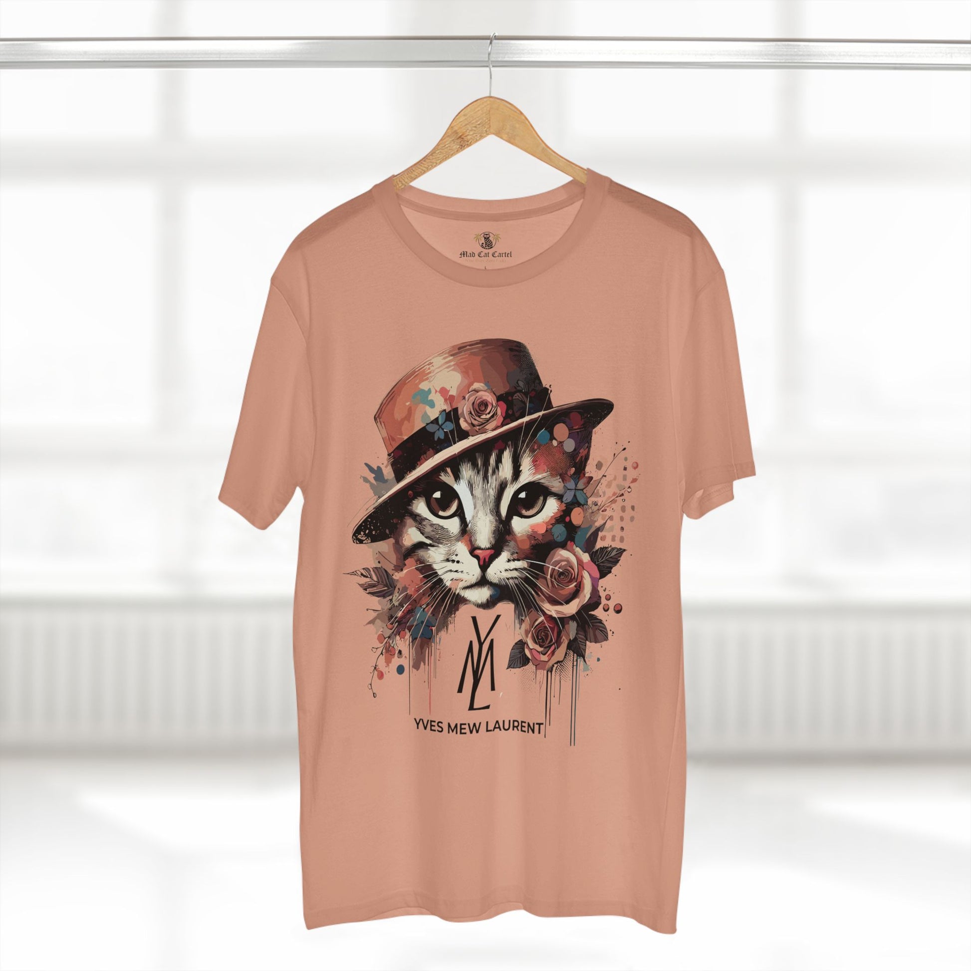 Pale Pink flower graphic shirt on hanger front display