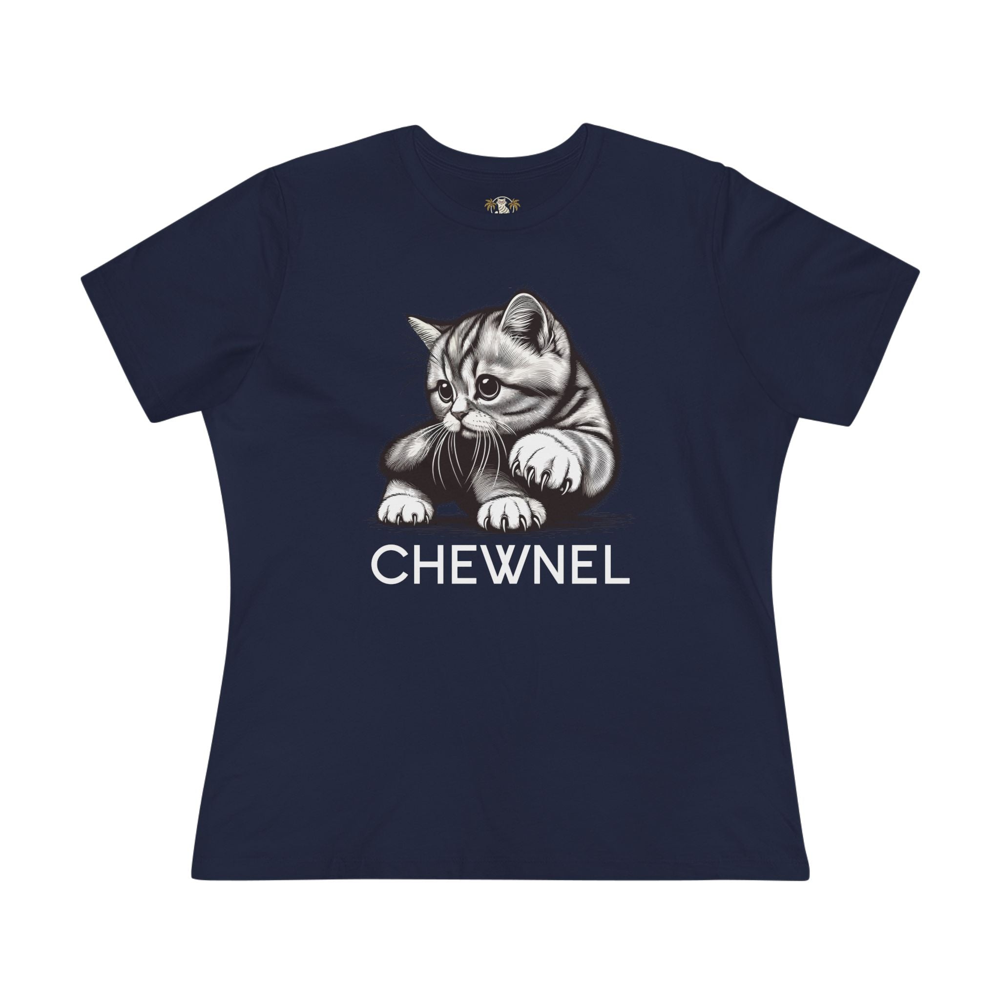 Blue Chewnel Cat Graphic Women’s T-Shirt front view cute cat tees for women