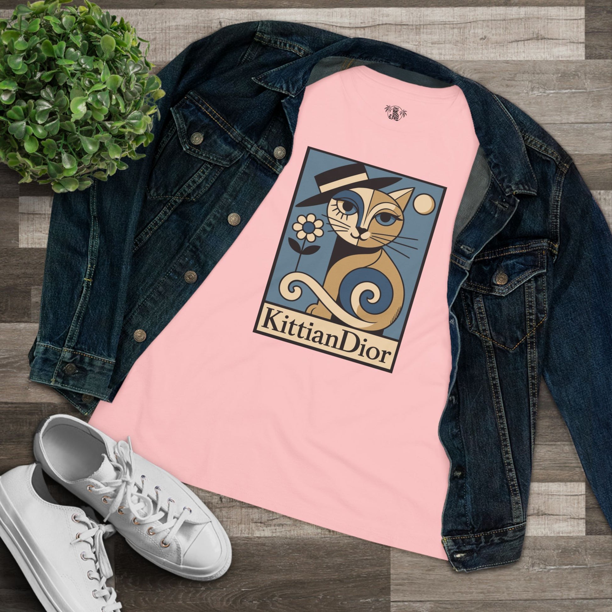 pink cat lover t shirt with denim jacket