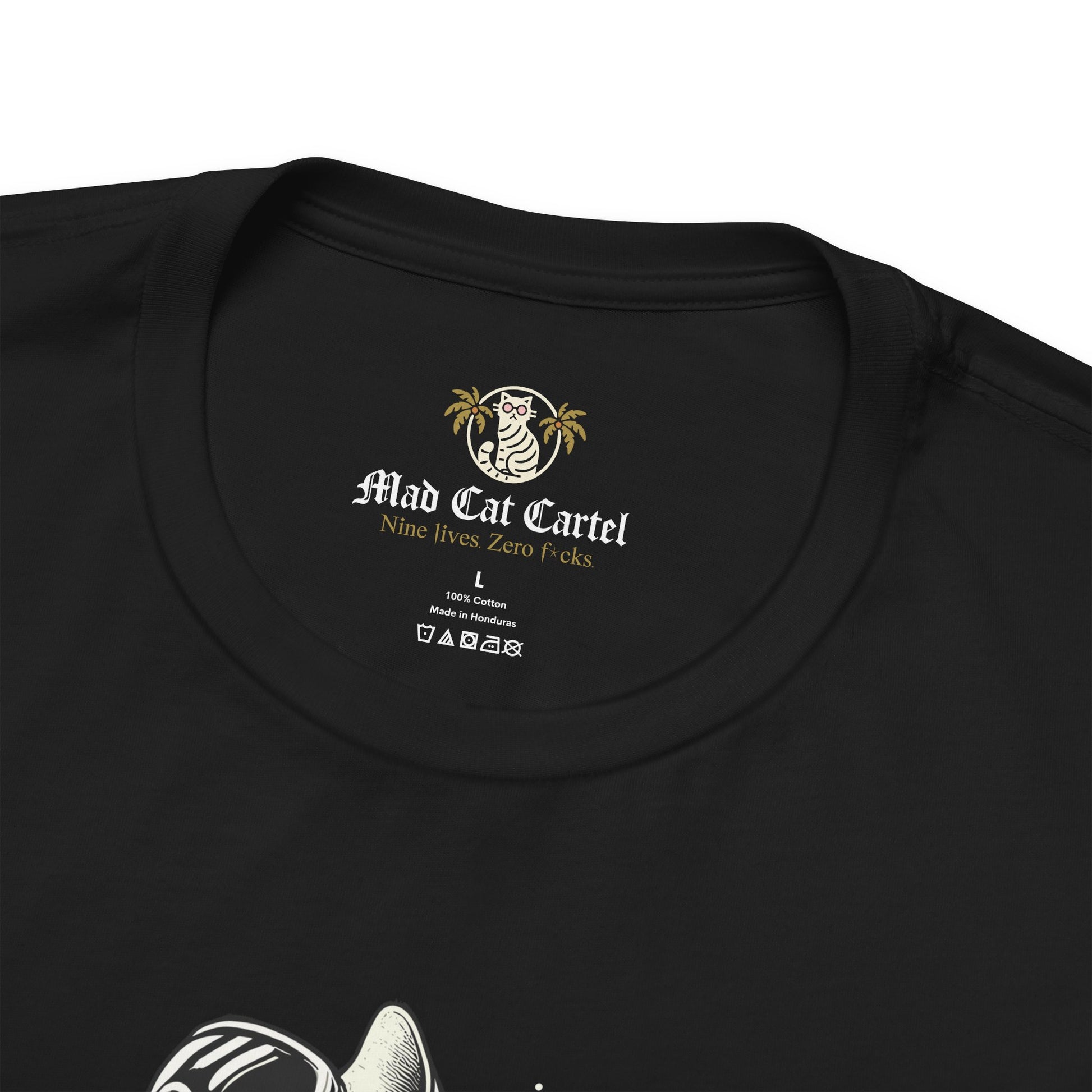Black t shirt close-up collar with tag, t shirts with cats