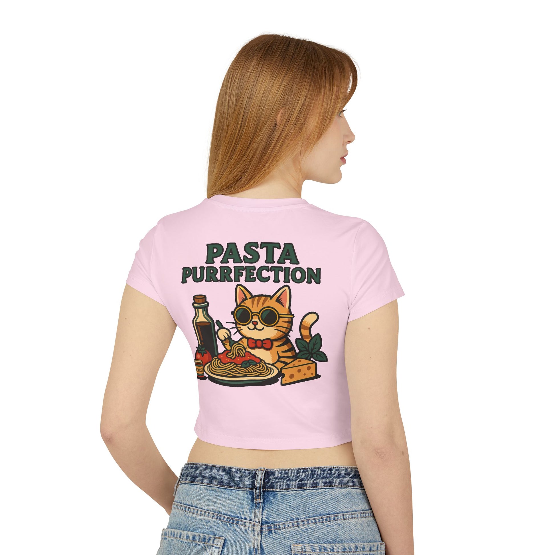 Pink baby tee back on model with pasta purrfection print