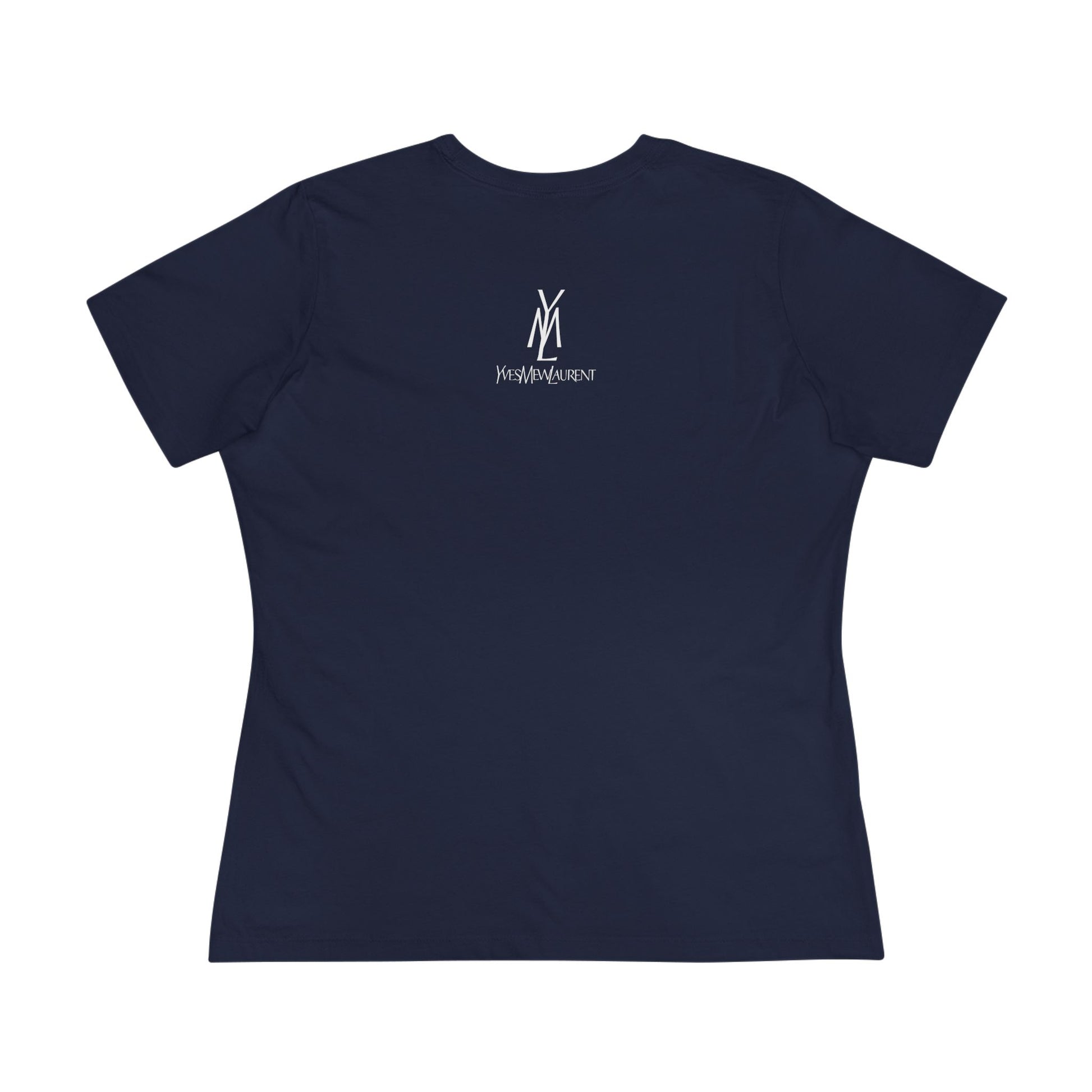 back view of Yves Mew Laurent navy blue women's cat graphic t shirt, subtle line art detail