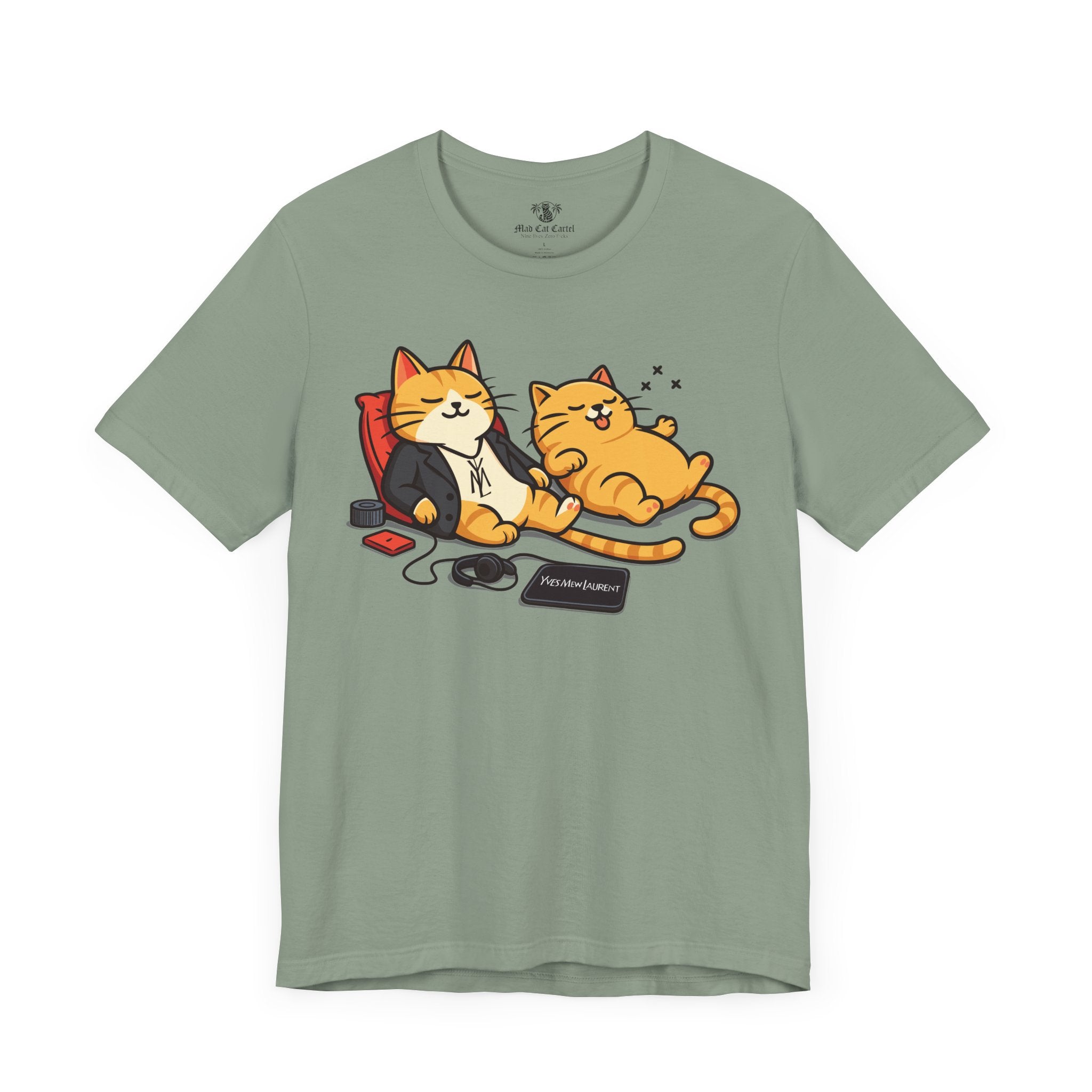 sage green chill cats t shirt flat lay, playful design, cotton cat tee
