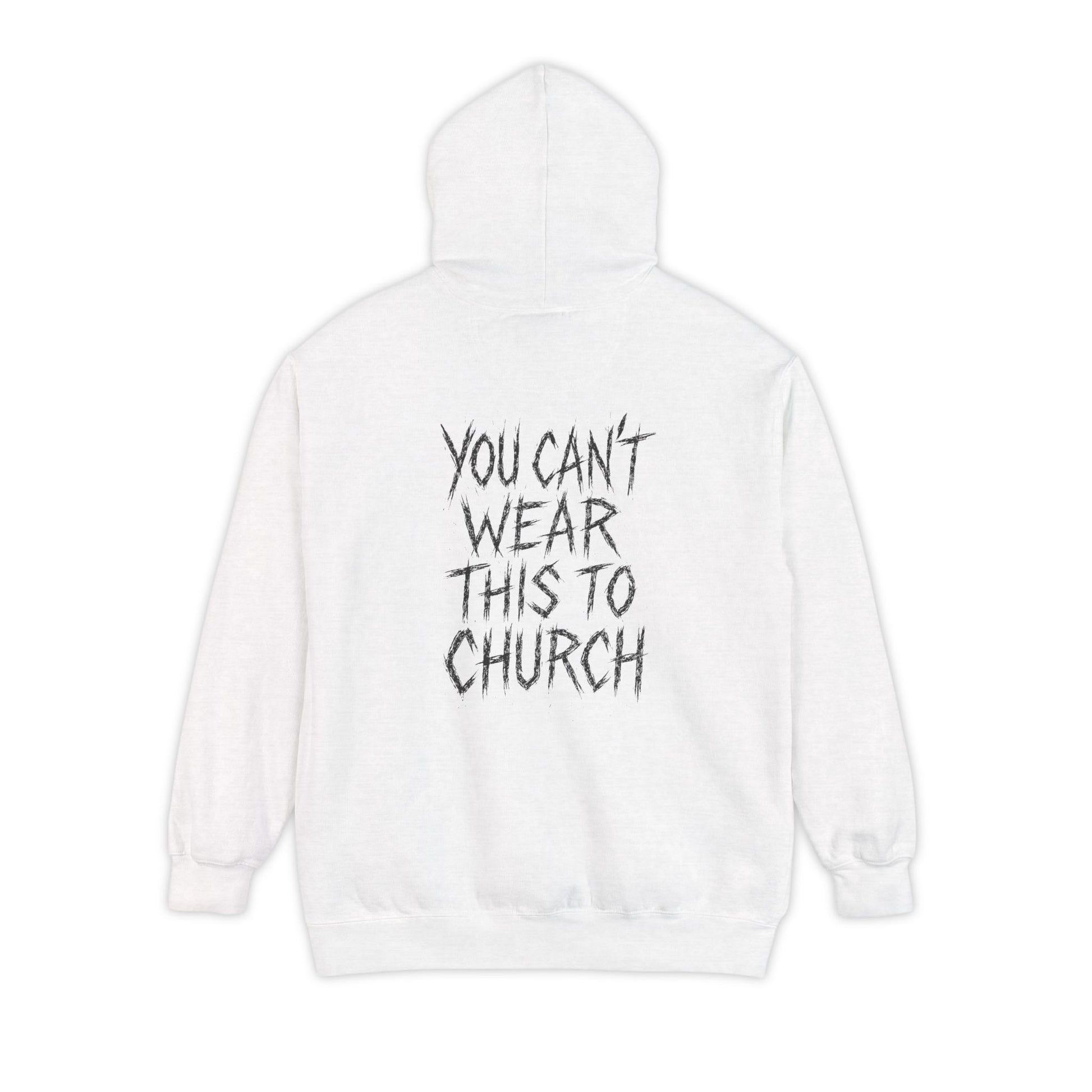Back view of Purrada This Ain’t Churchwear Cat Graphic White Hoodie with slogan, hoodie for cat lovers
