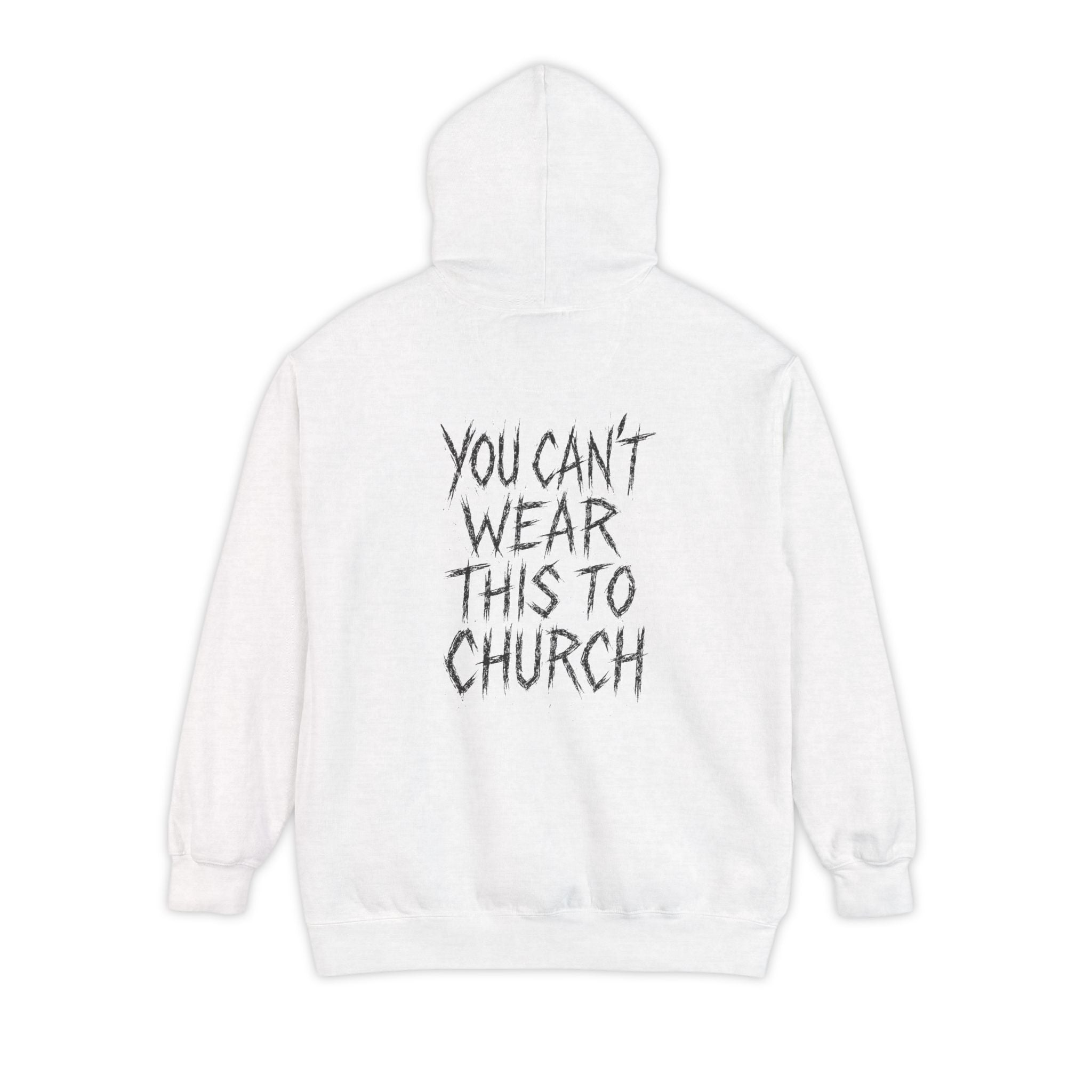 Back view of Purrada This Ain’t Churchwear Cat Graphic White Hoodie with slogan, hoodie for cat lovers