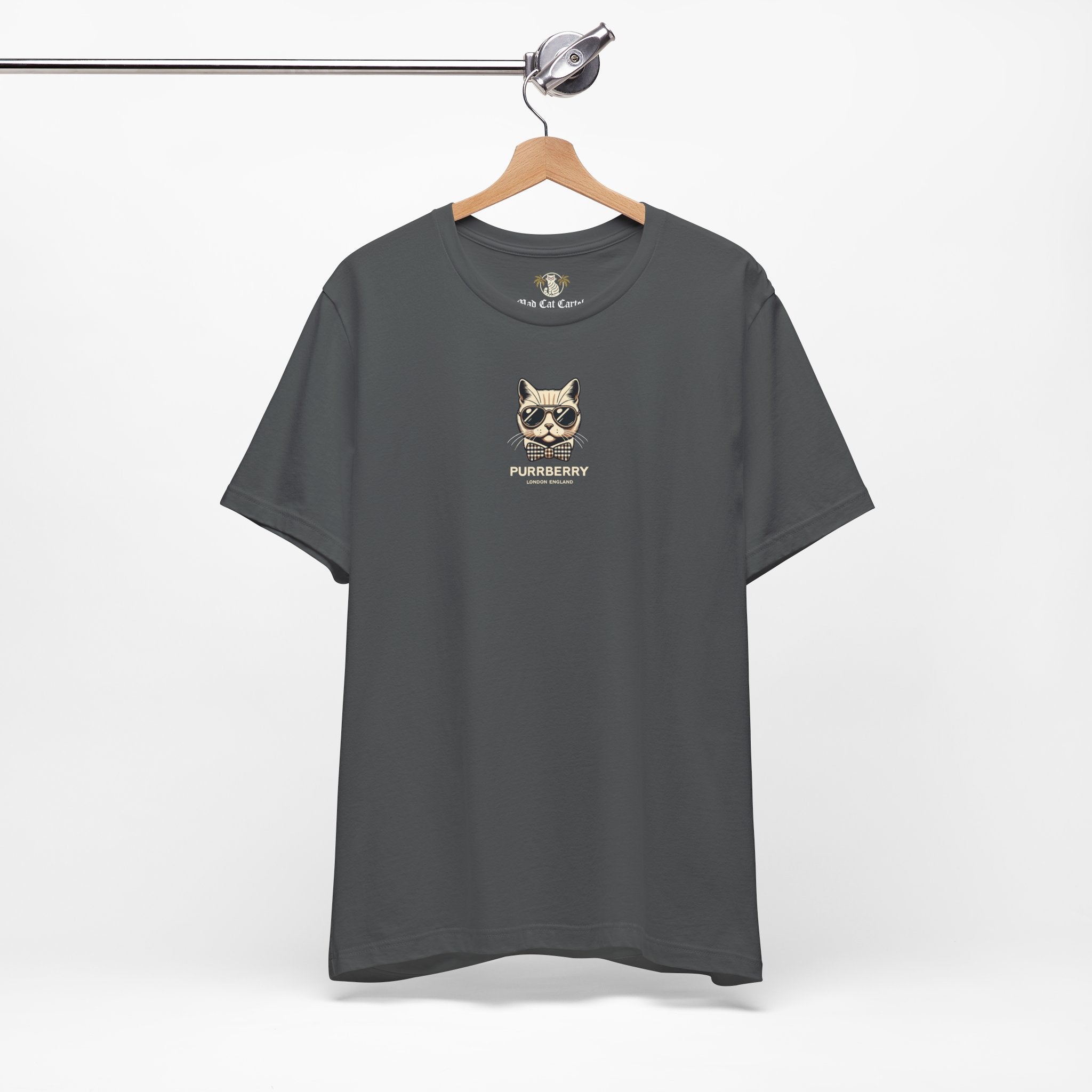 hanging purrberry london mini crest cat graphic t shirt asphalt unisex cat themed apparel