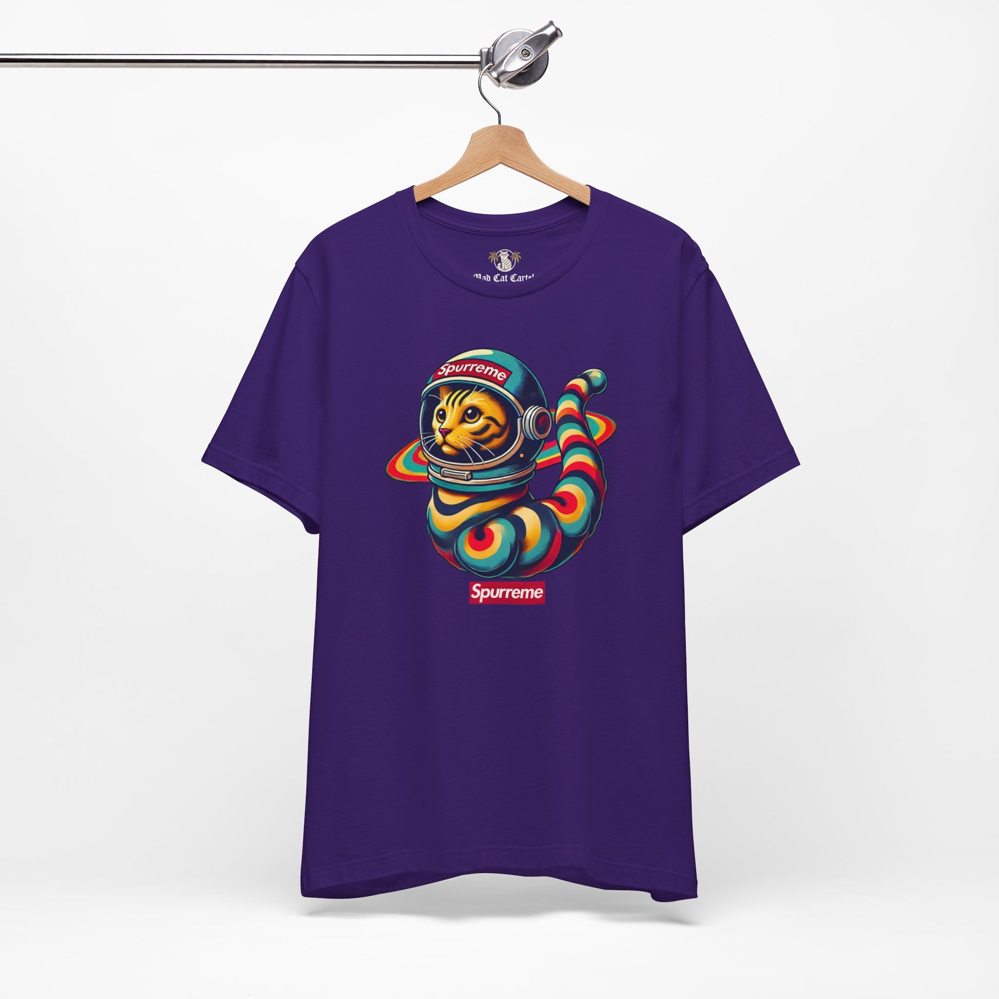 Team purple t shirt hanging, cool cat shirt