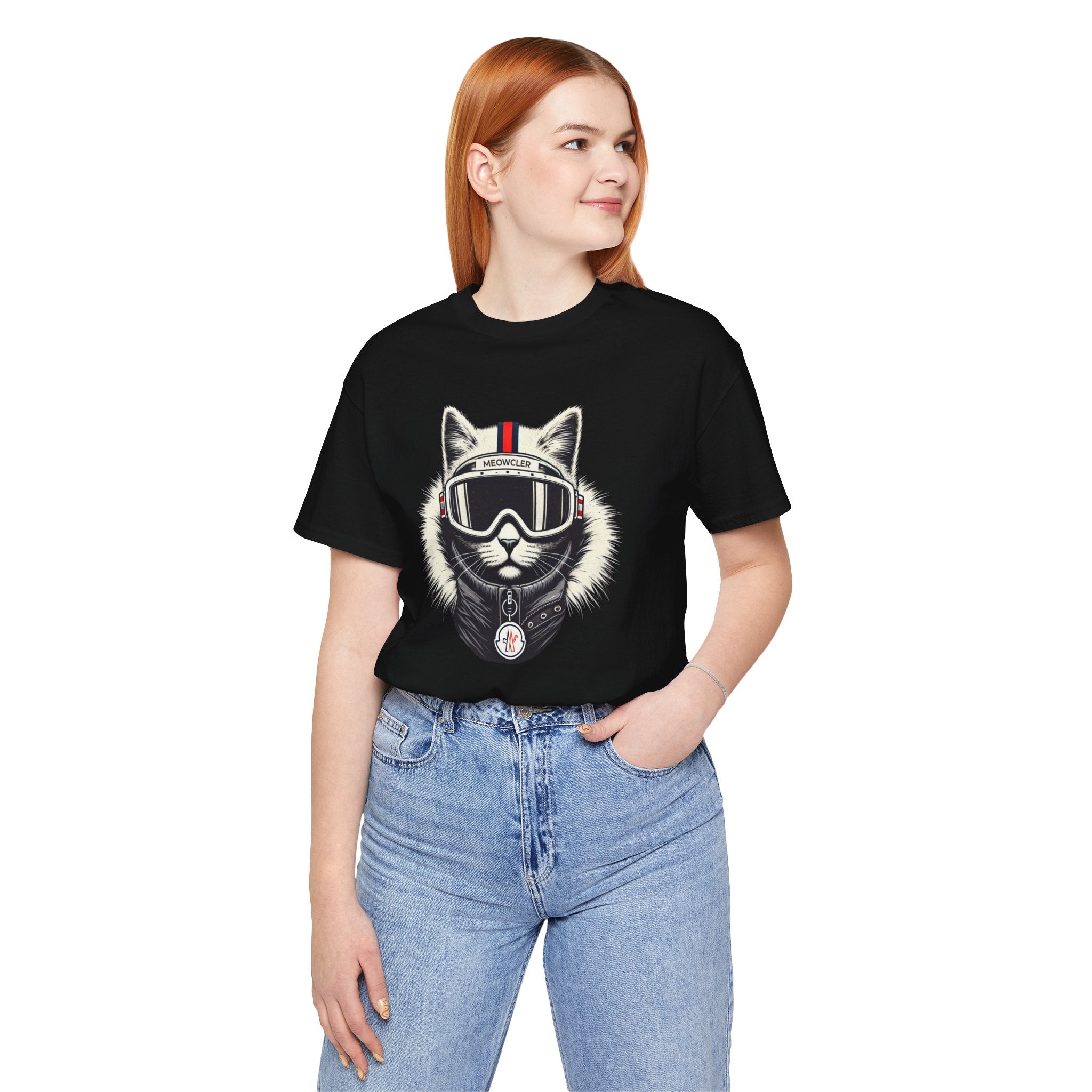 Female model front view in Meowcler ski cat graphic black tee, funny t shirts for women
