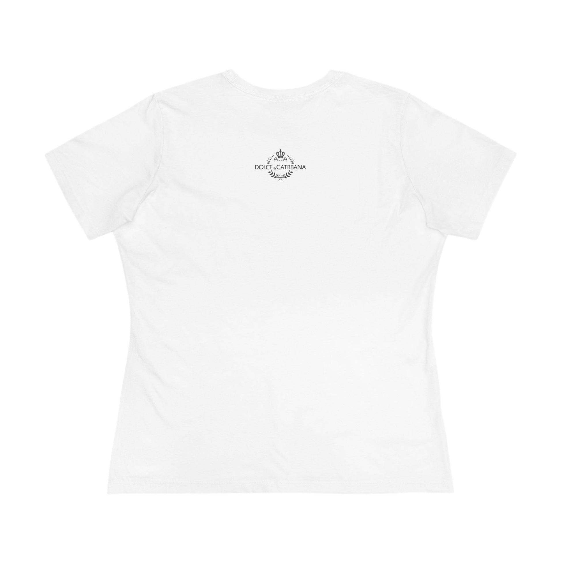 White women’s cat themed apparel back view with neckline detail