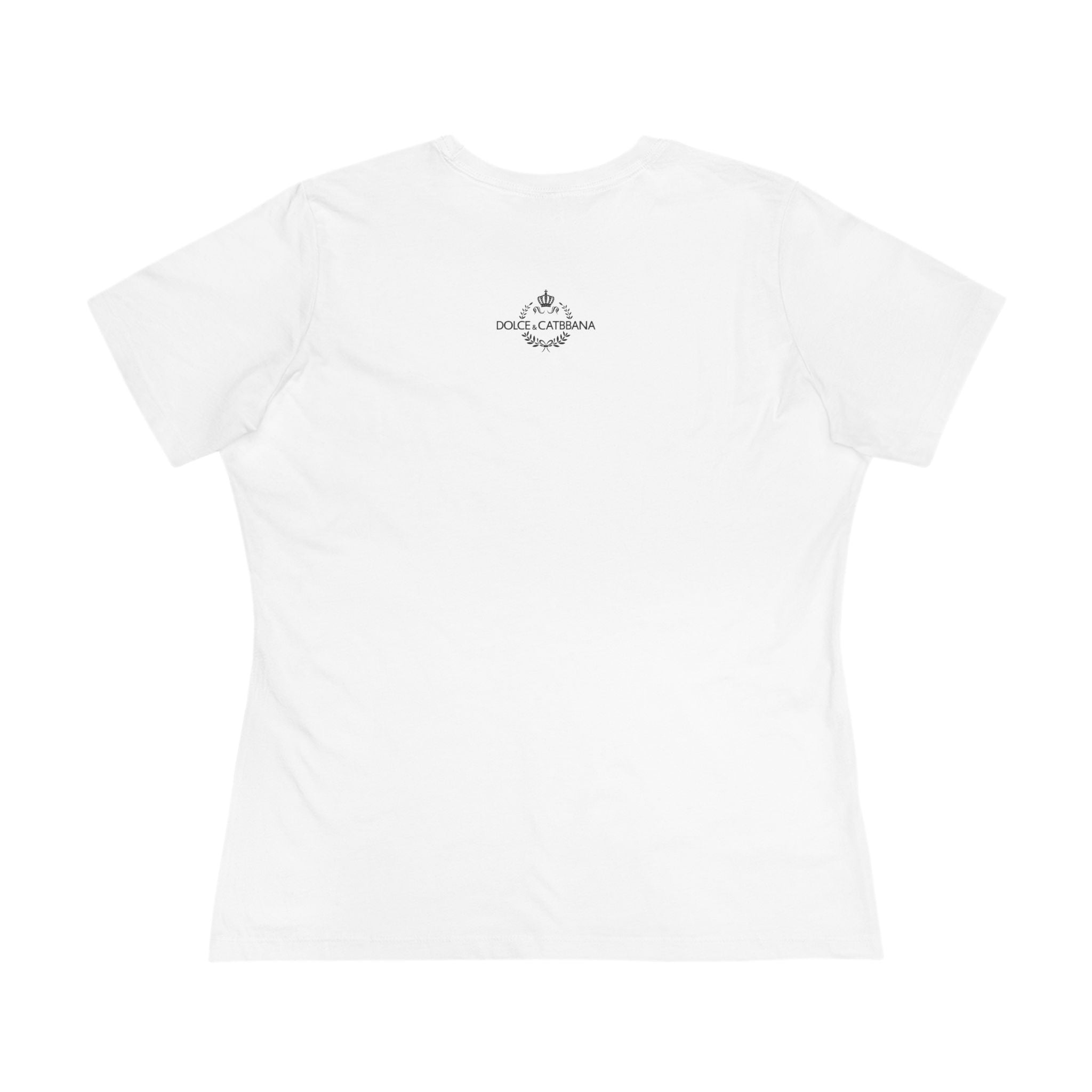 White women’s cat themed apparel back view with neckline detail