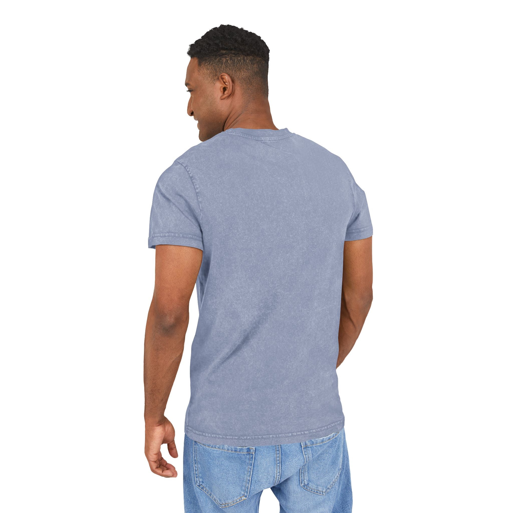 Back view man in Off-Whisker Drift Cat Sketch Acid Washed T Shirt Vintage Blue, cat themed clothing