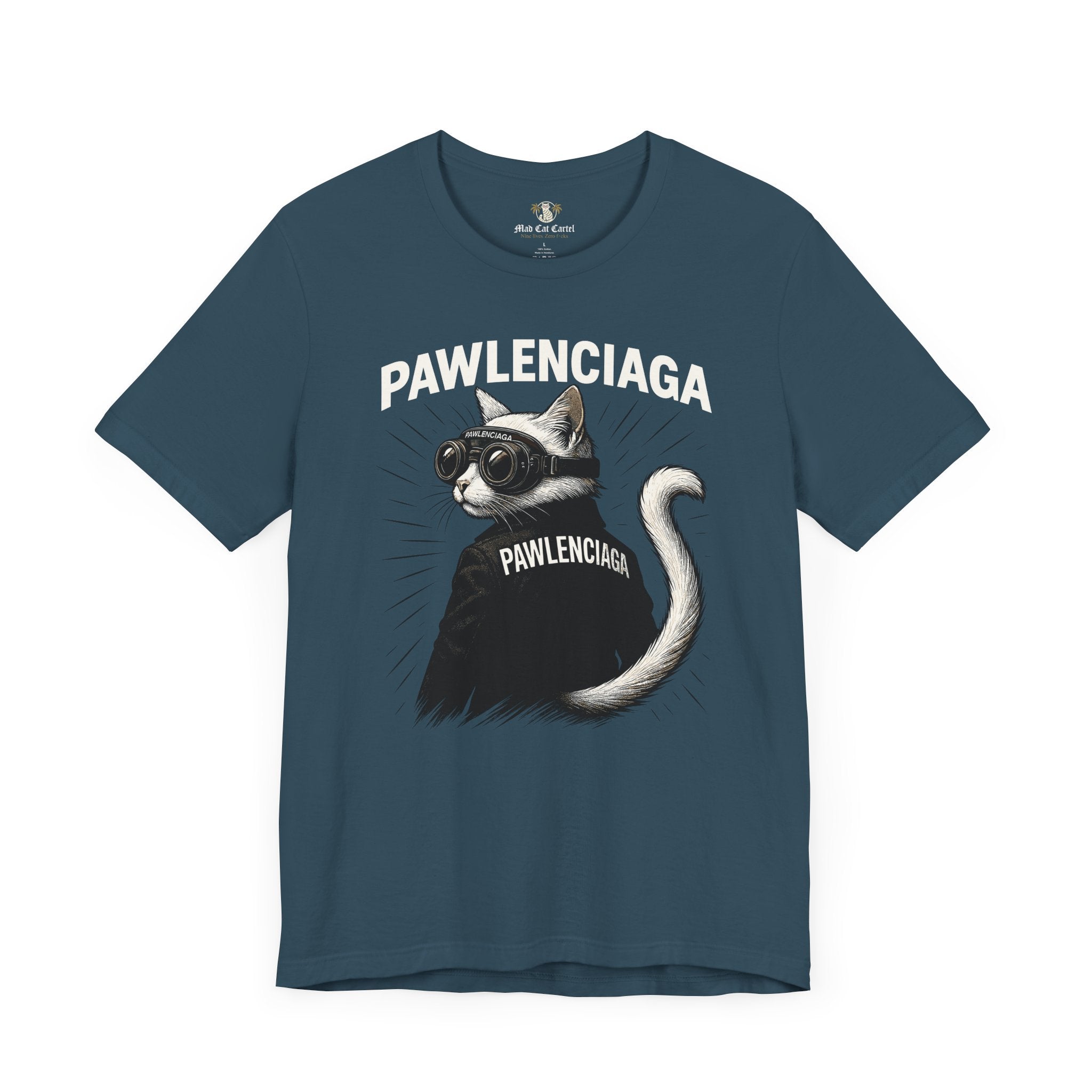 Pawlenciaga Cat With Goggles Back Pose Graphic T Shirt, deep teal, funny cat t shirts for guys, flat front