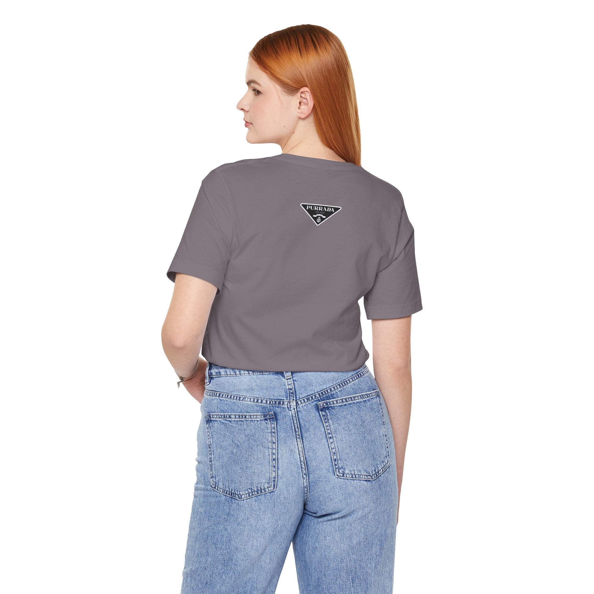 Back view of asphalt Purrada Exclusive Milano Cat Graphic T Shirt worn by female model, cat graphic shirt