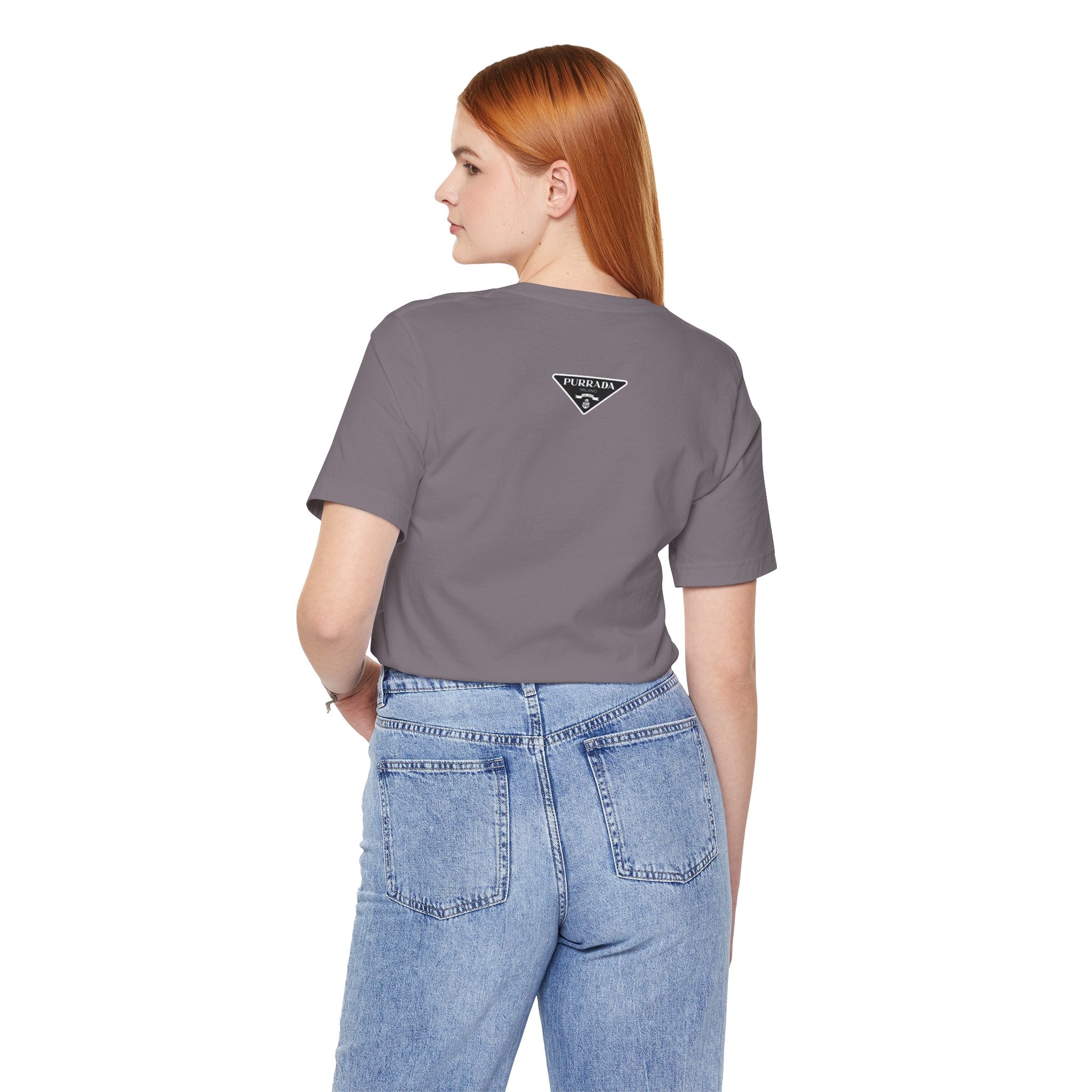 Back view of asphalt Purrada Exclusive Milano Cat Graphic T Shirt worn by female model, cat graphic shirt
