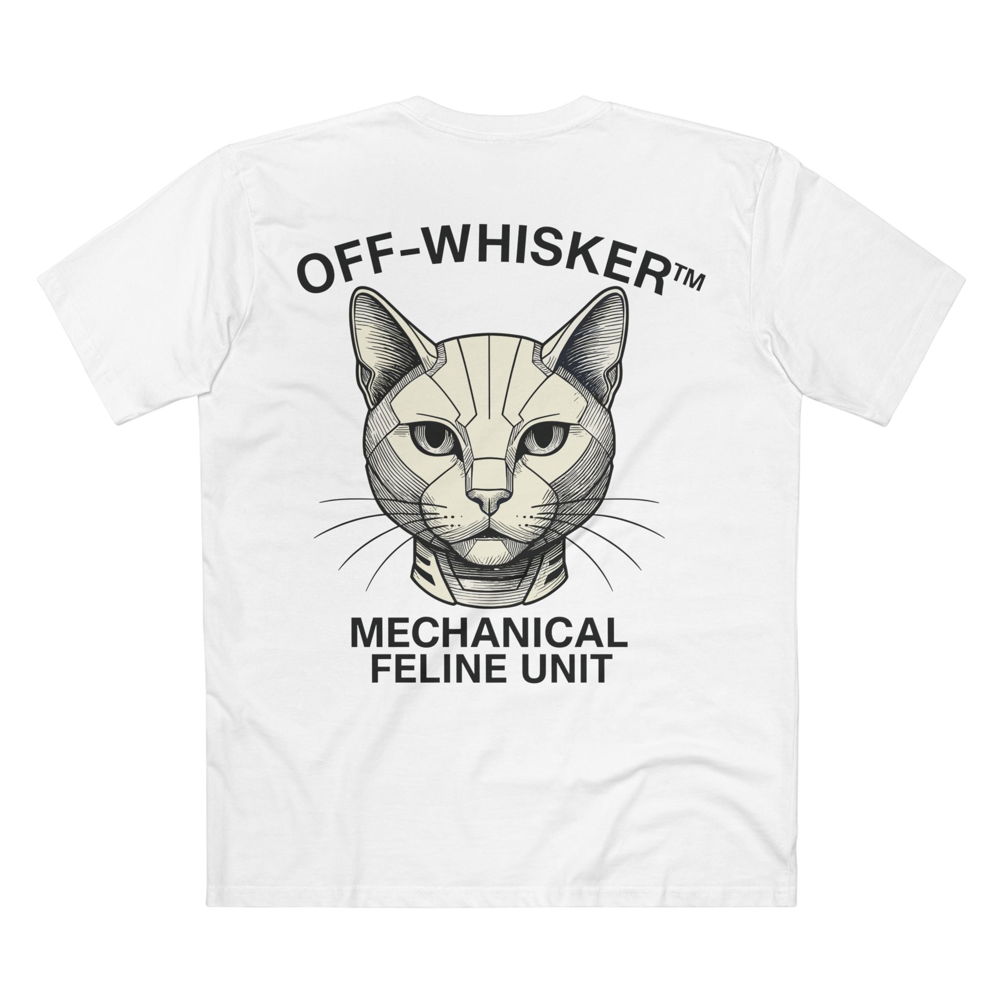 Back view of white Off-Whisker Mecha Cat Unit t-shirt – mechanical cat print, cat mens t shirt