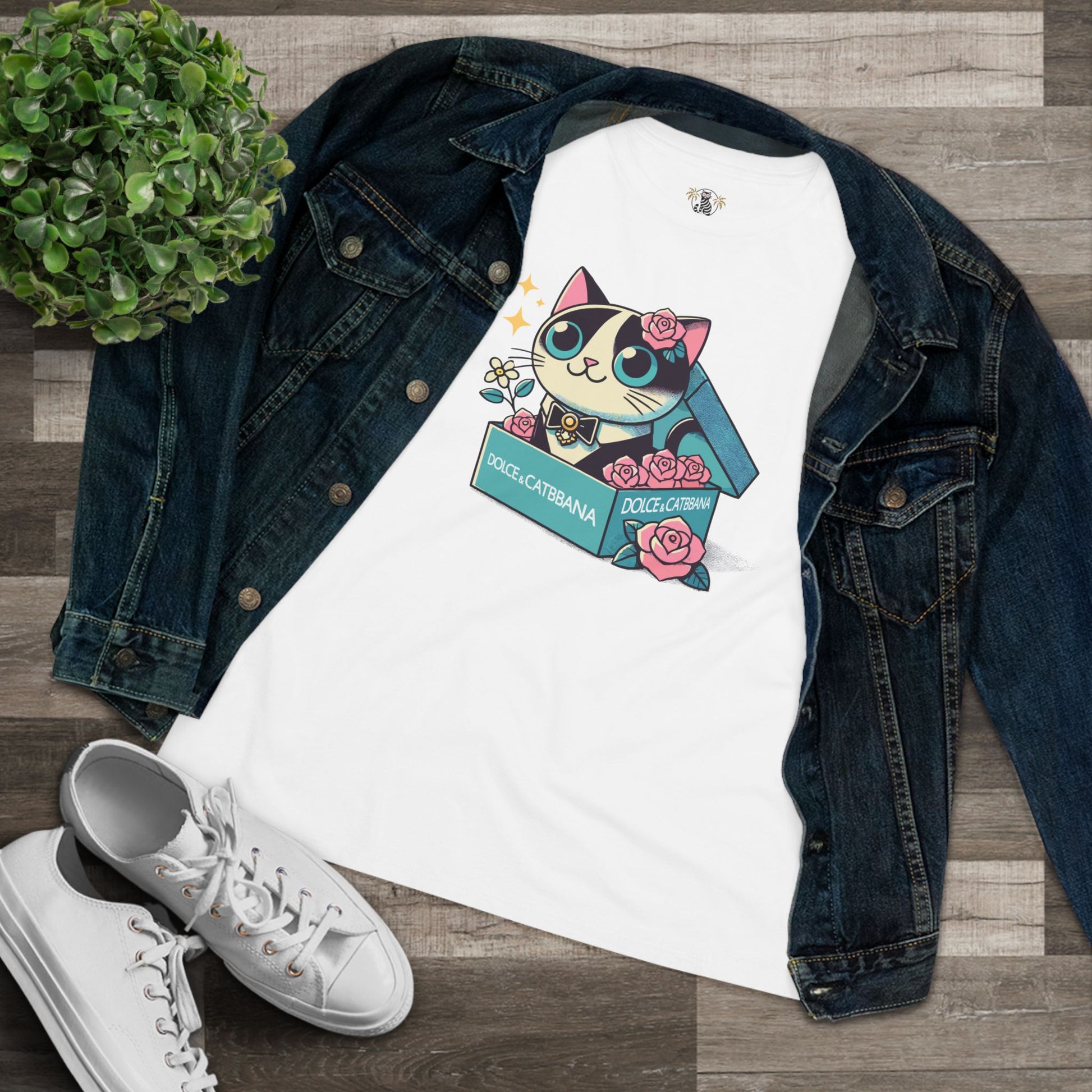 White Dolce & Catbana Rose Box cat themed clothes styled with denim flat lay